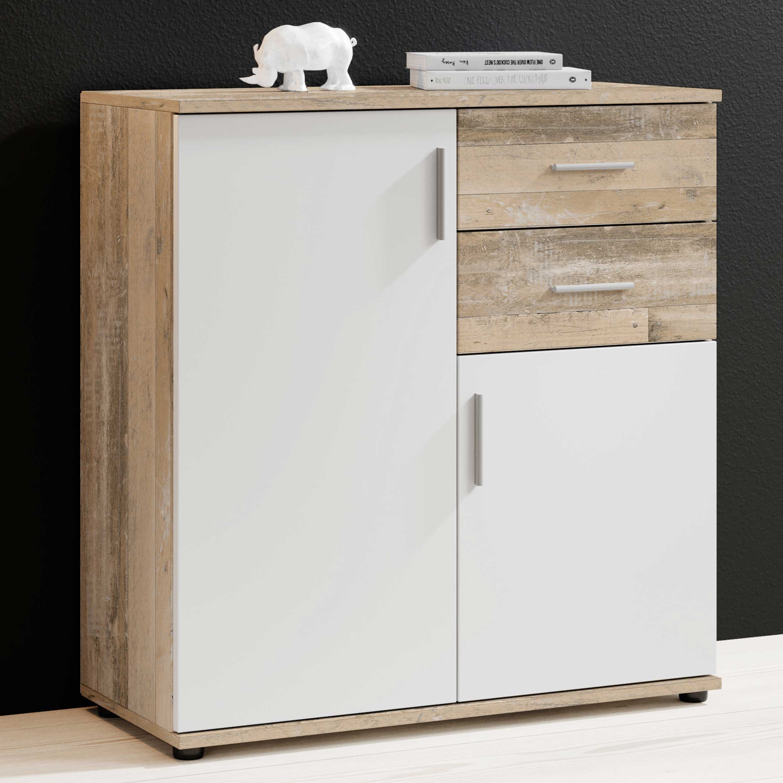 Commode Debby 2 portes 2 tiroirs - blanc/chêne - Image 1