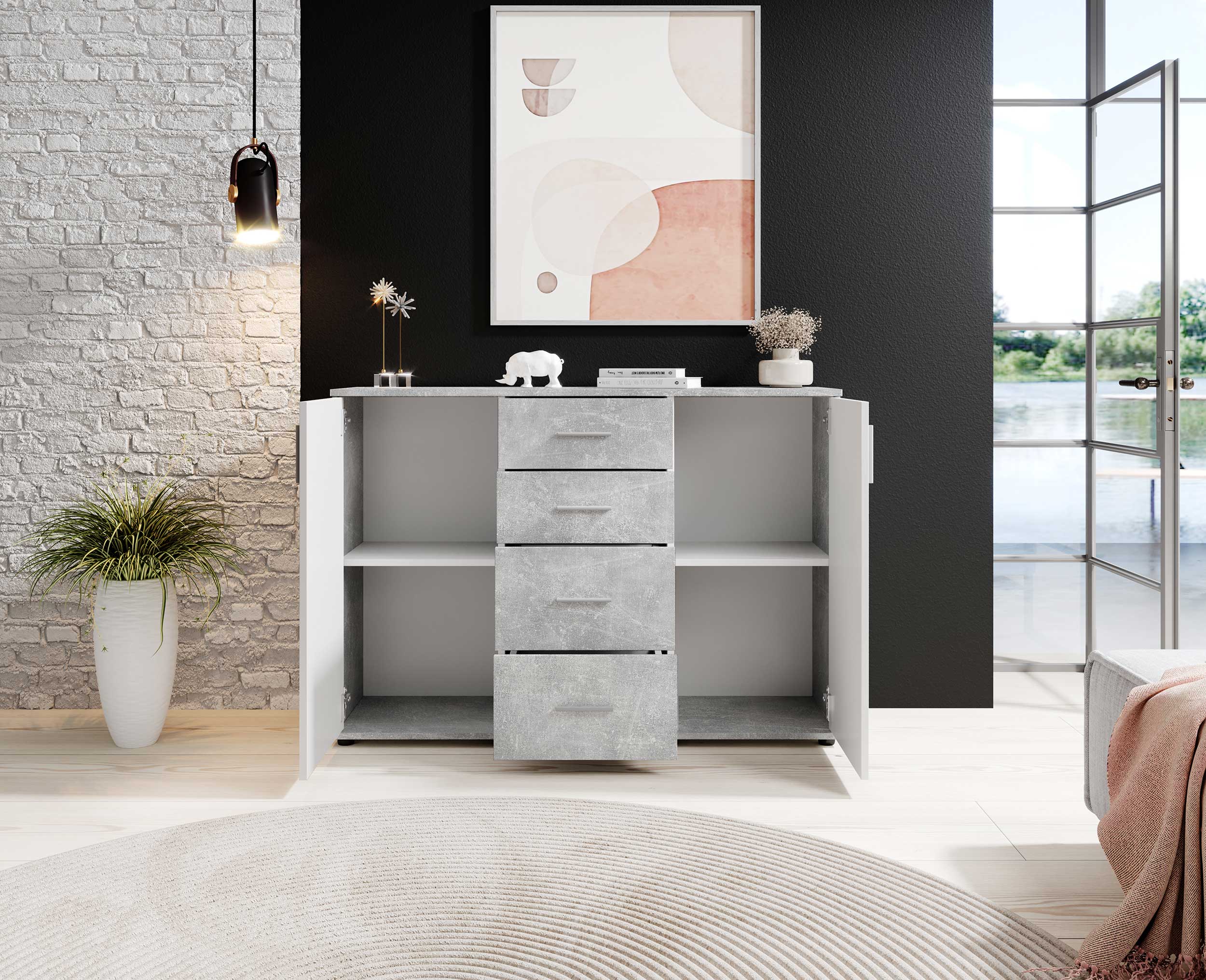 Commode Debby 2 portes 4 tiroirs - blanc/béton - Image 2