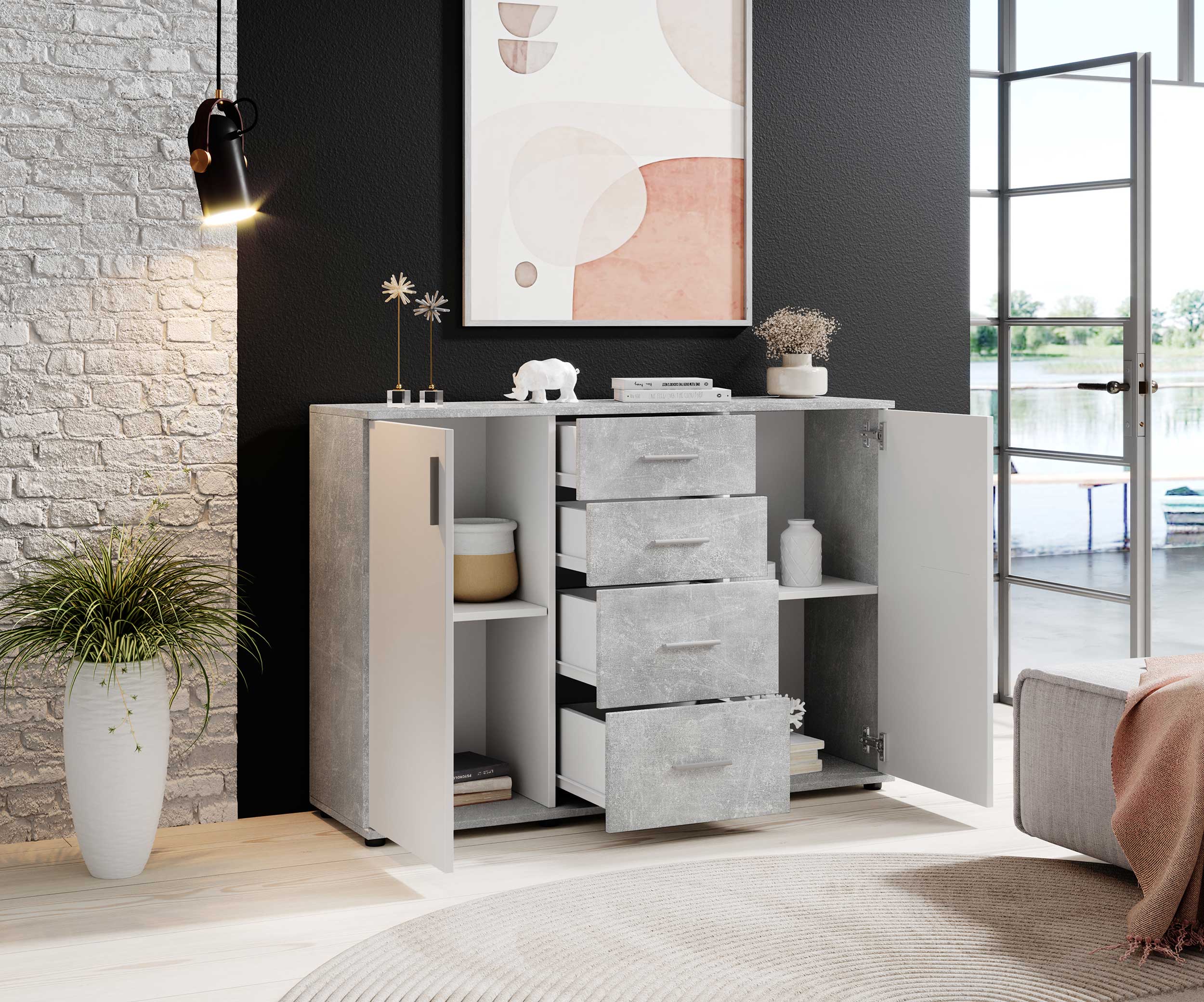 Commode Debby 2 portes 4 tiroirs - blanc/béton - Image 5