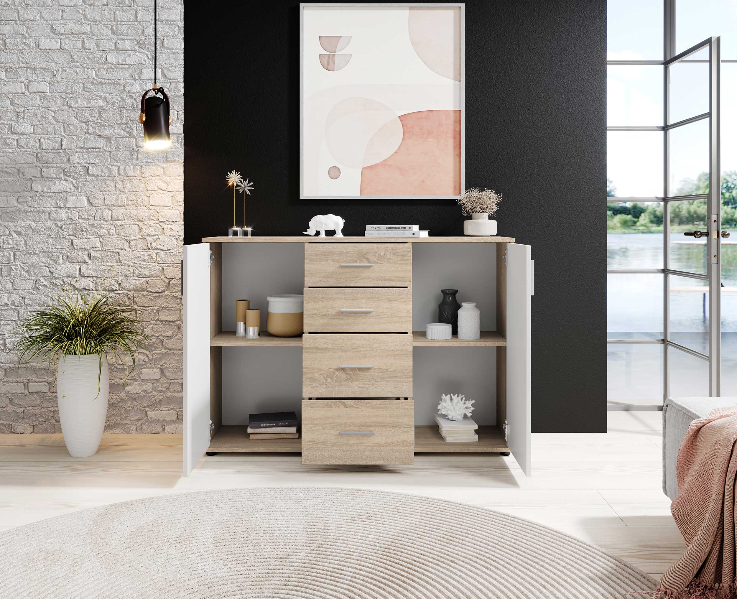 Commode Debby 2 portes et 4 tiroirs - blanc/chêne sonoma - Image 4