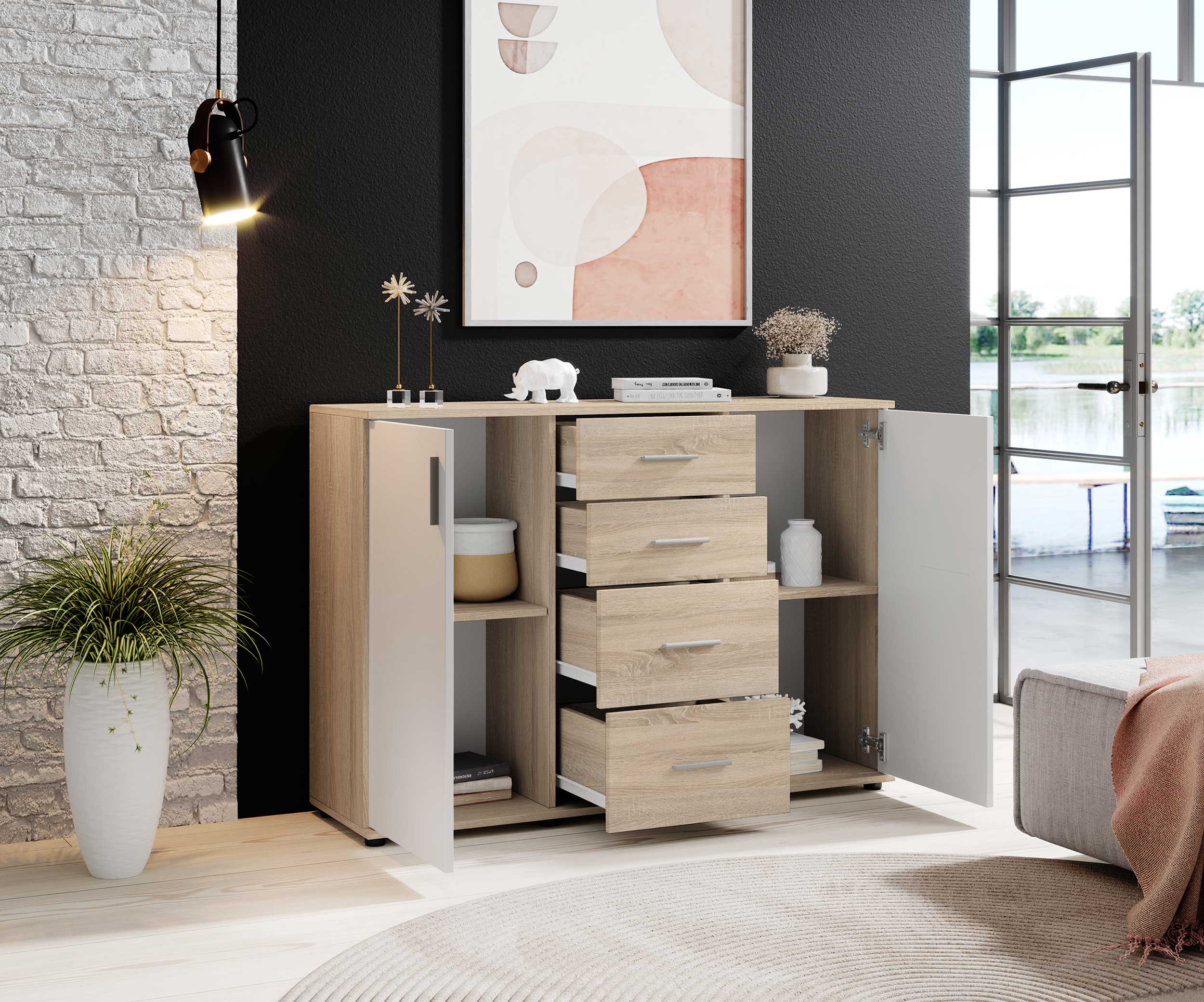 Commode Debby 2 portes et 4 tiroirs - blanc/chêne sonoma - Image 5