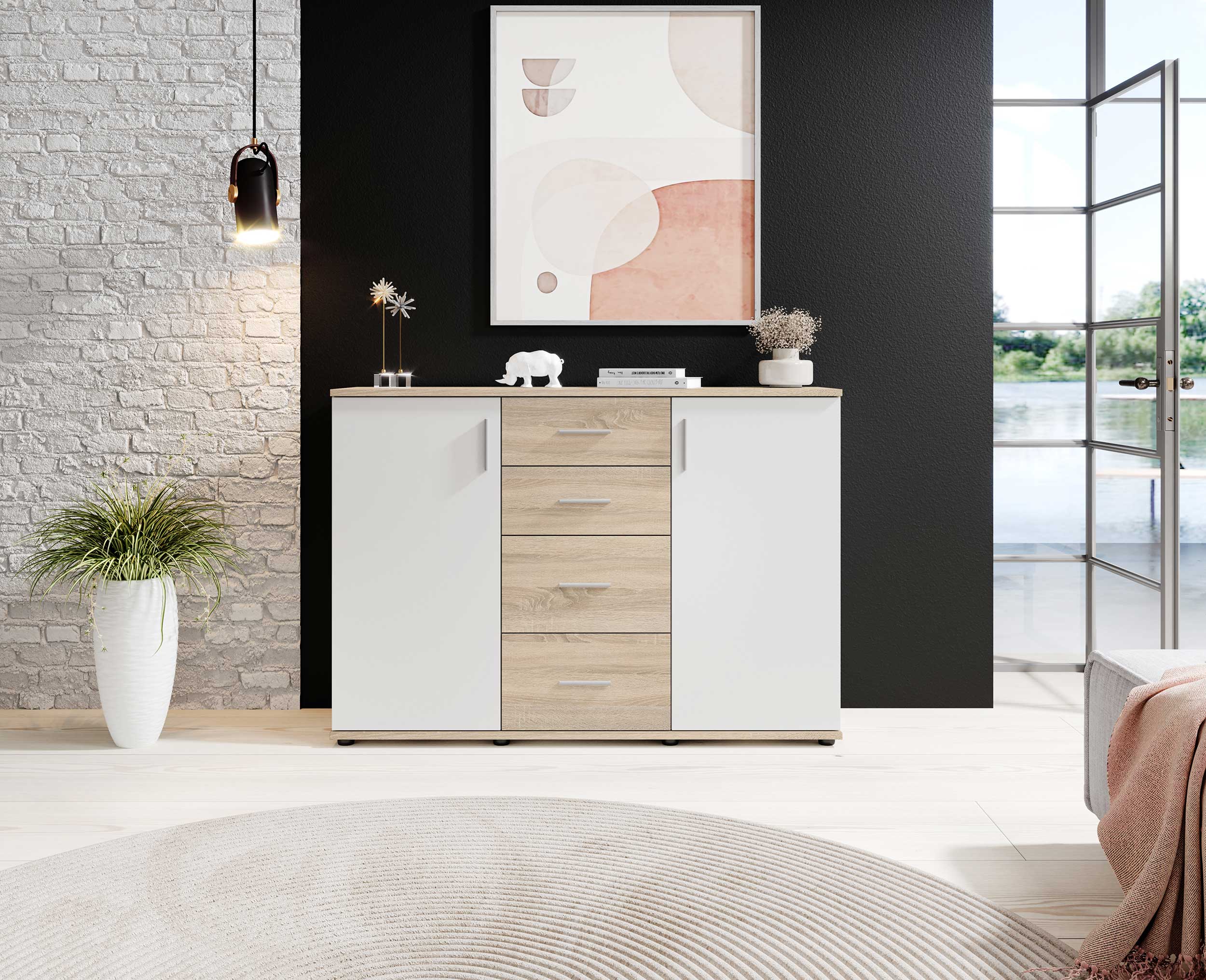 Commode Debby 2 portes et 4 tiroirs - blanc/chêne sonoma - Image 7