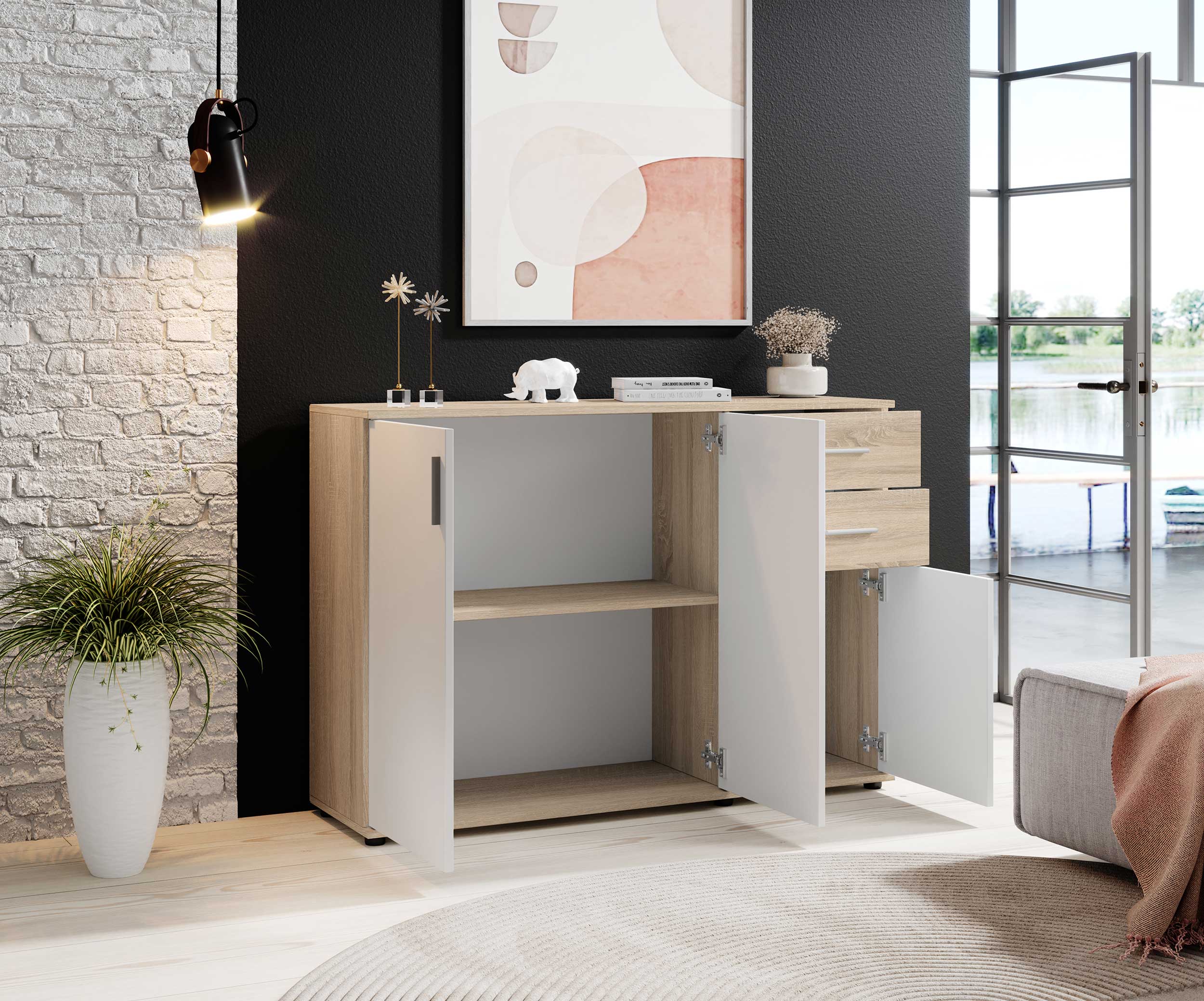 Commode Debby 3 portes 2 tiroirs - blanc/chêne - Image 3