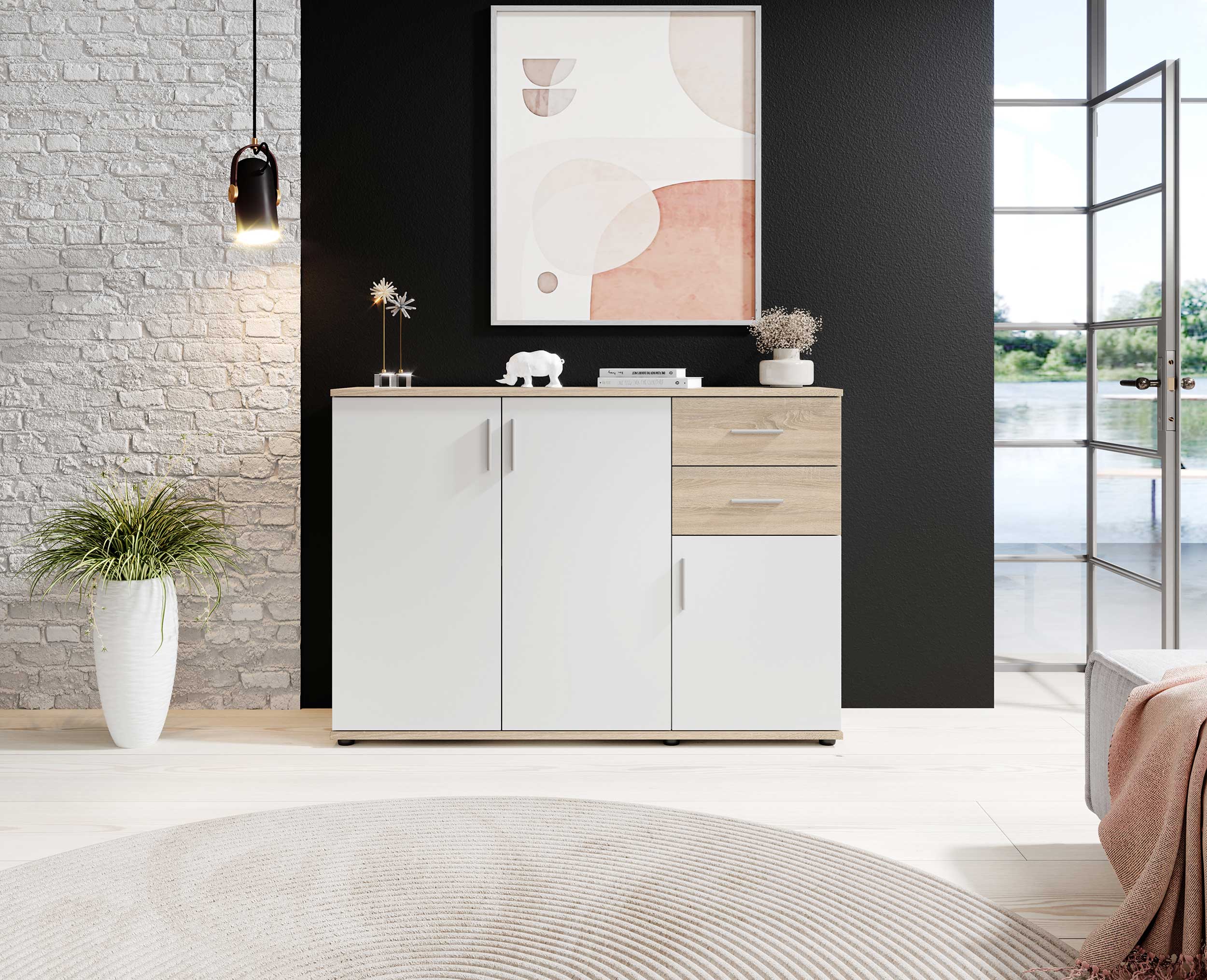 Commode Debby 3 portes 2 tiroirs - blanc/chêne - Image 7