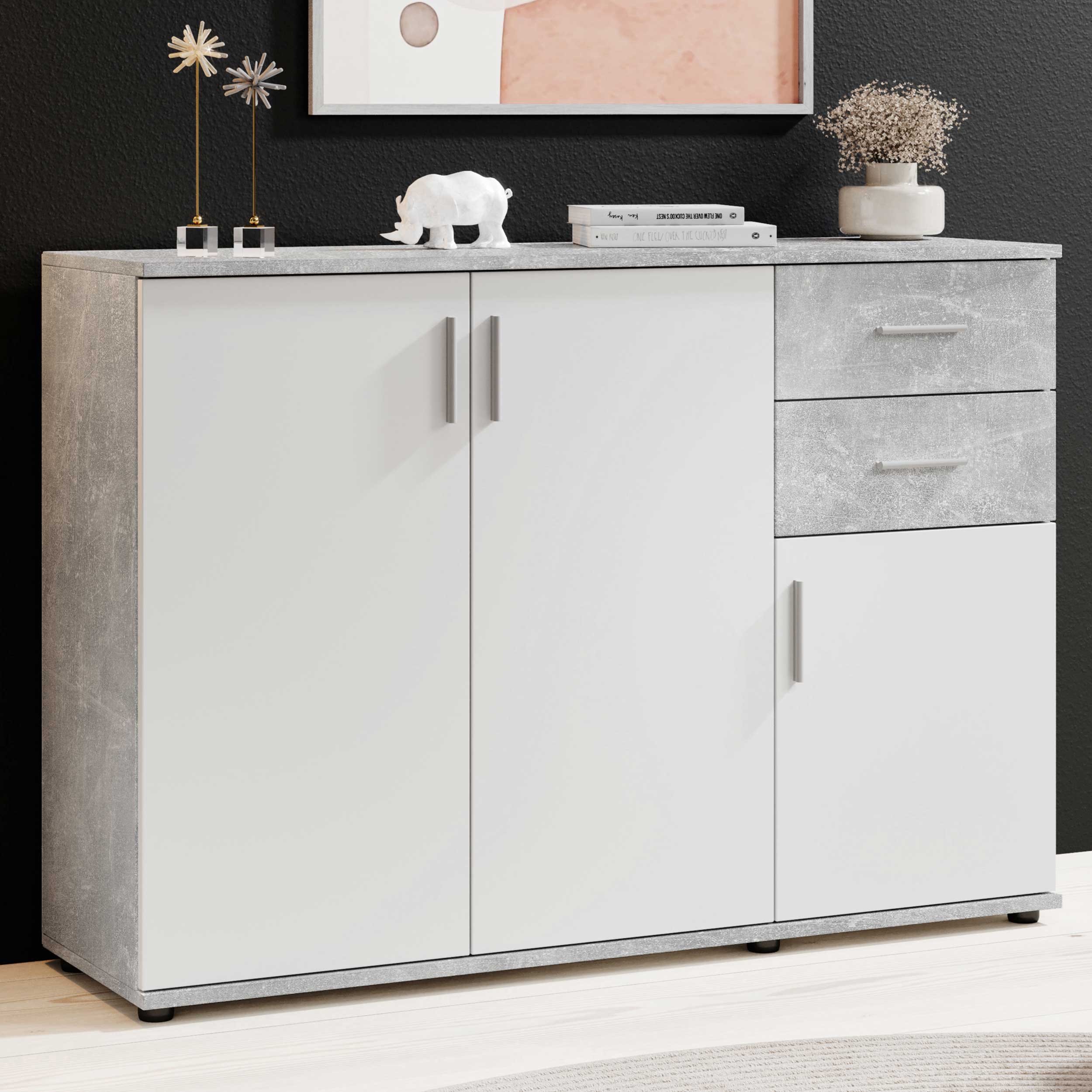 Commode Debby 3 portes 2 tiroirs - blanc/béton