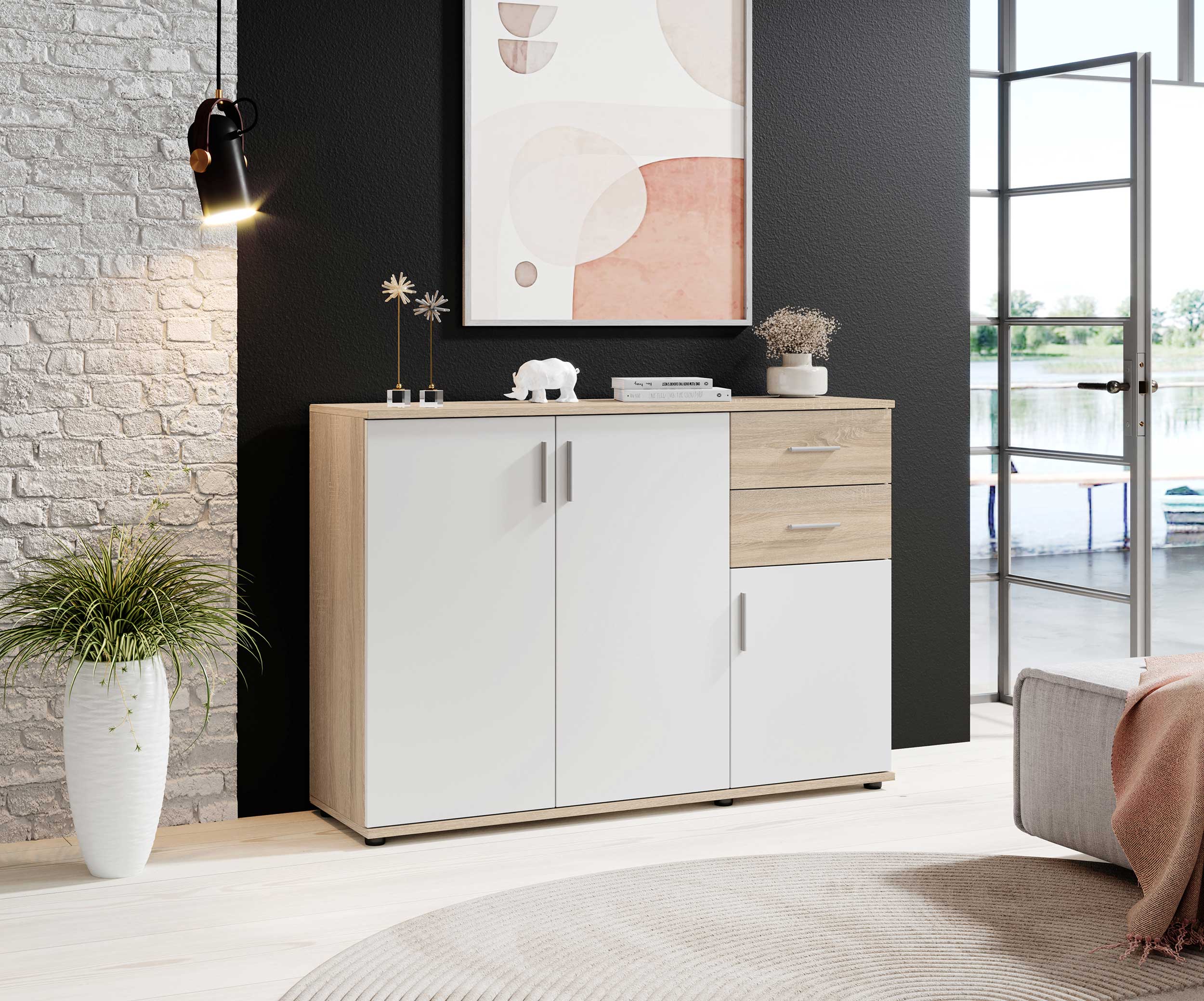 Commode Debby 3 portes et 2 tiroirs - blanc/chêne sonoma - Image 6