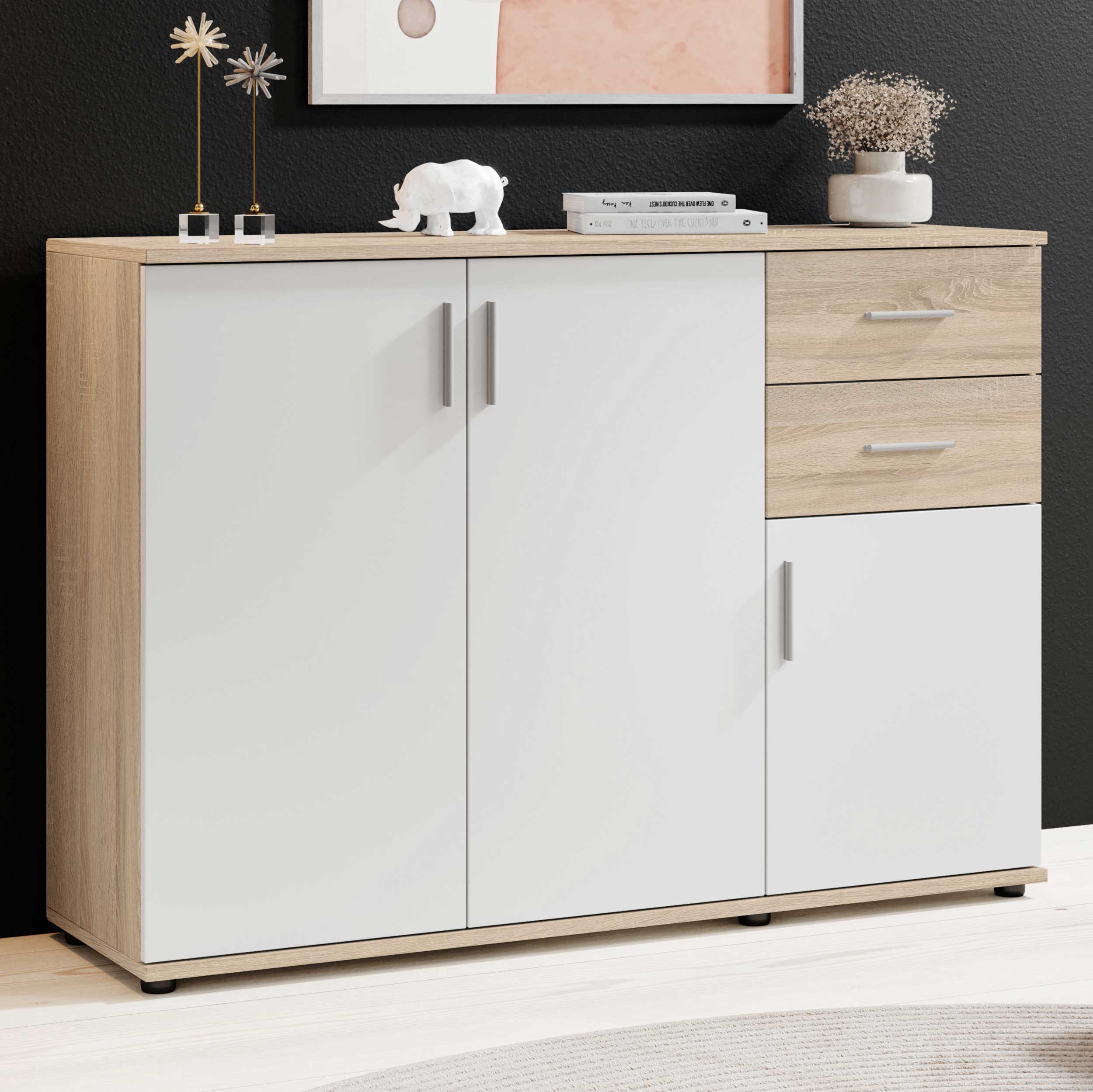 Commode Debby 3 portes et 2 tiroirs - blanc/chêne sonoma