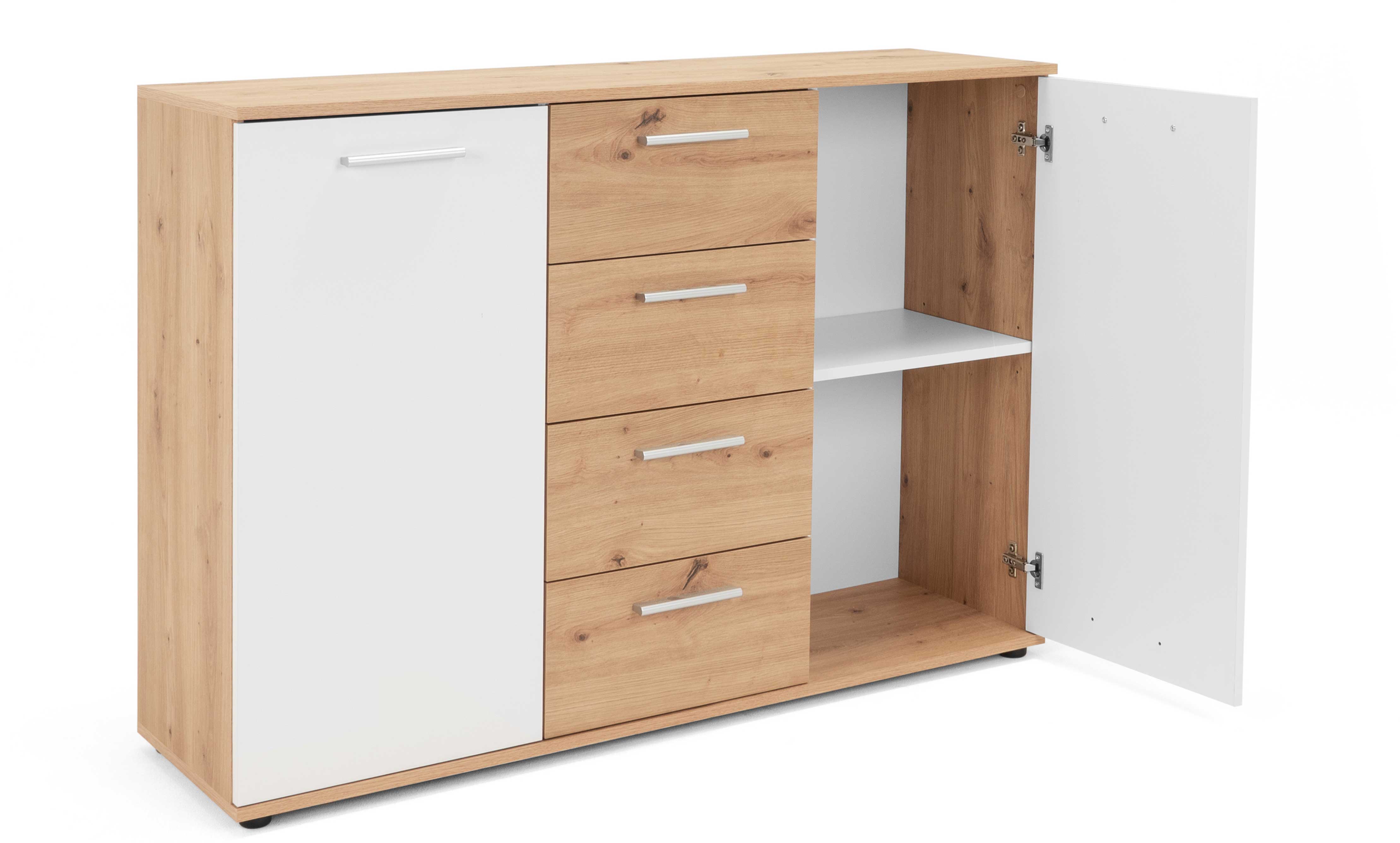 Commode Jakob 120cm, 2 portes & 4 tiroirs - décor en chêne/blanc - Image 6