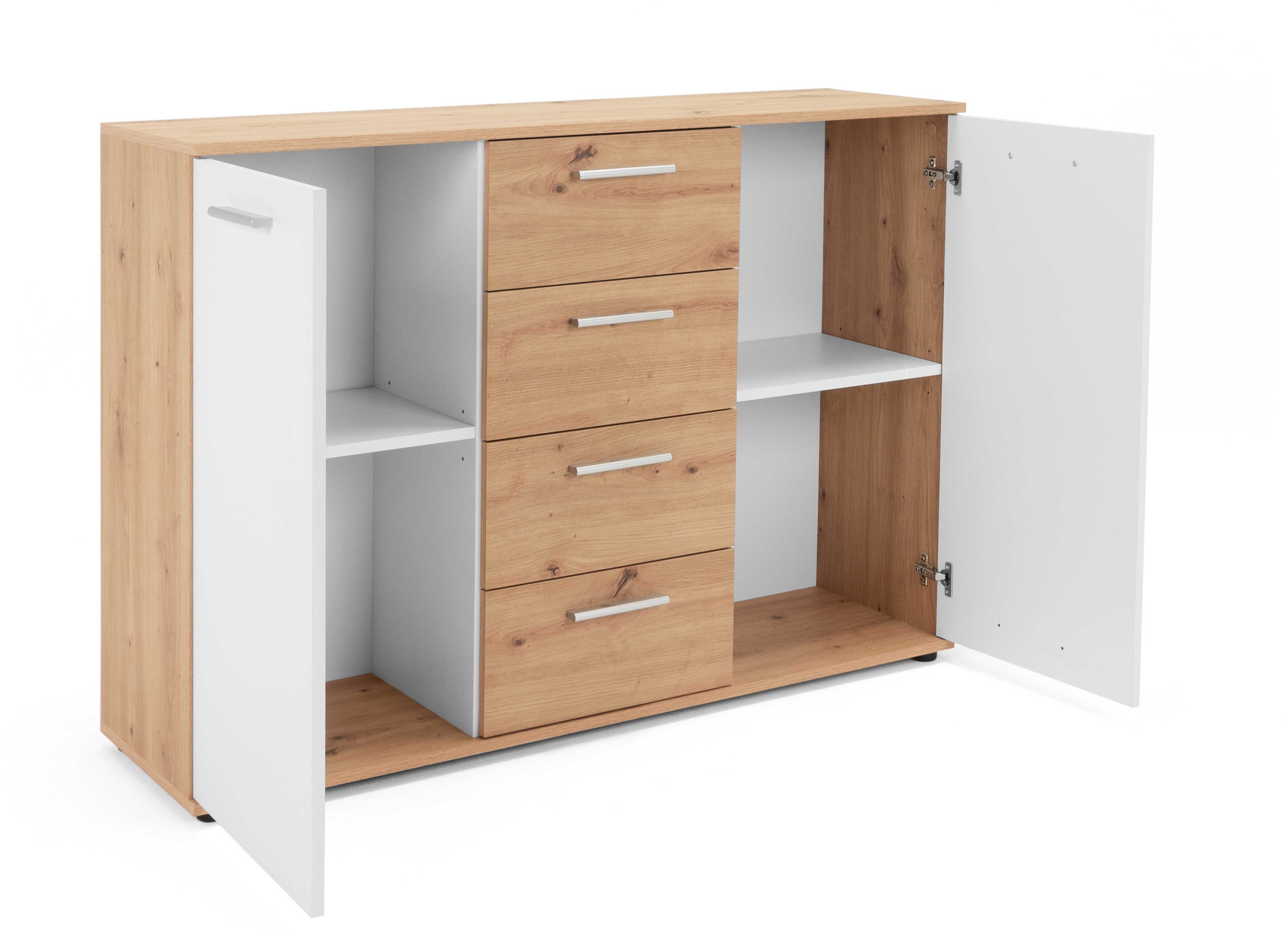 Commode Jakob 120cm, 2 portes & 4 tiroirs - décor en chêne/blanc - Image 7