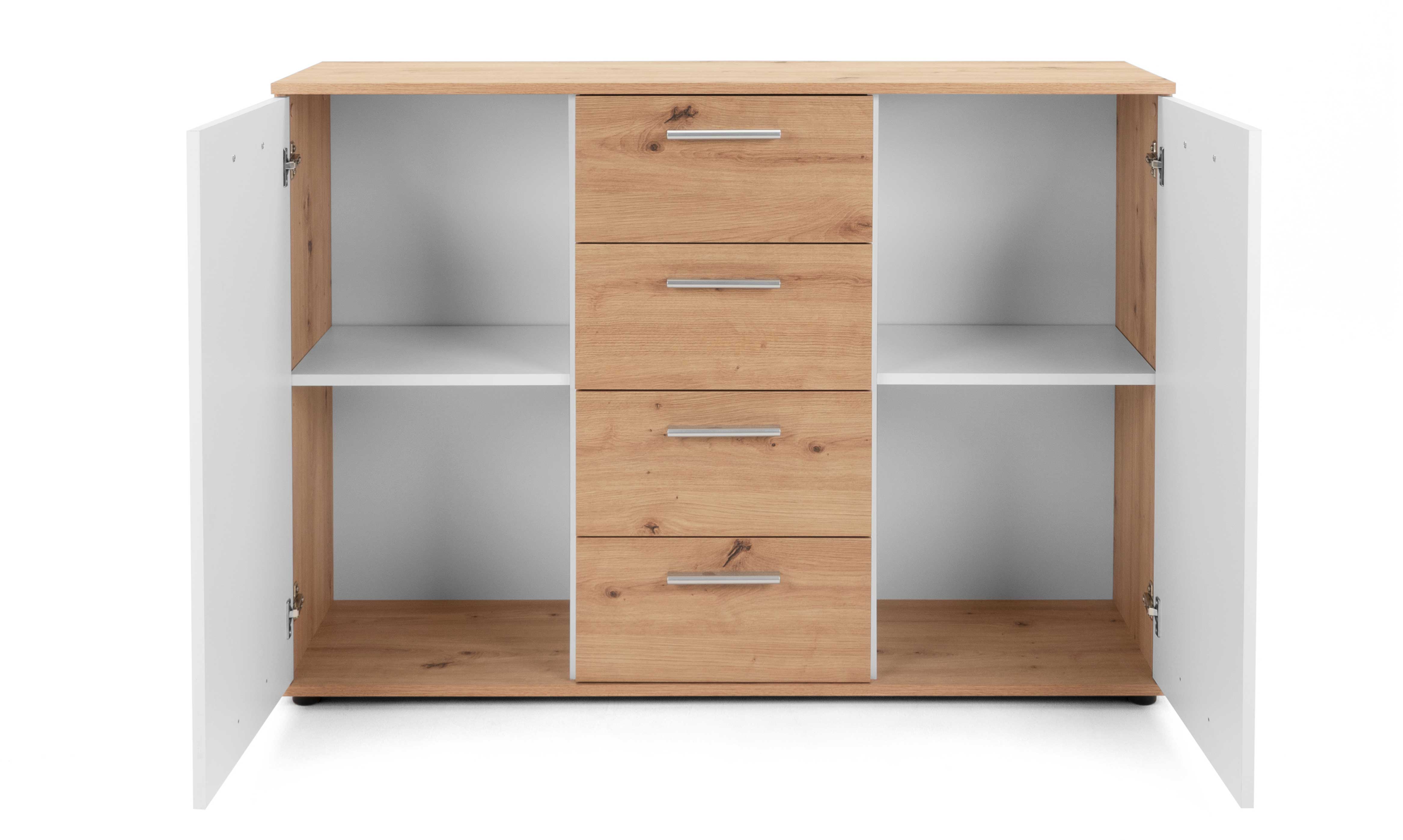 Commode Jakob 120cm, 2 portes & 4 tiroirs - décor en chêne/blanc - Image 8