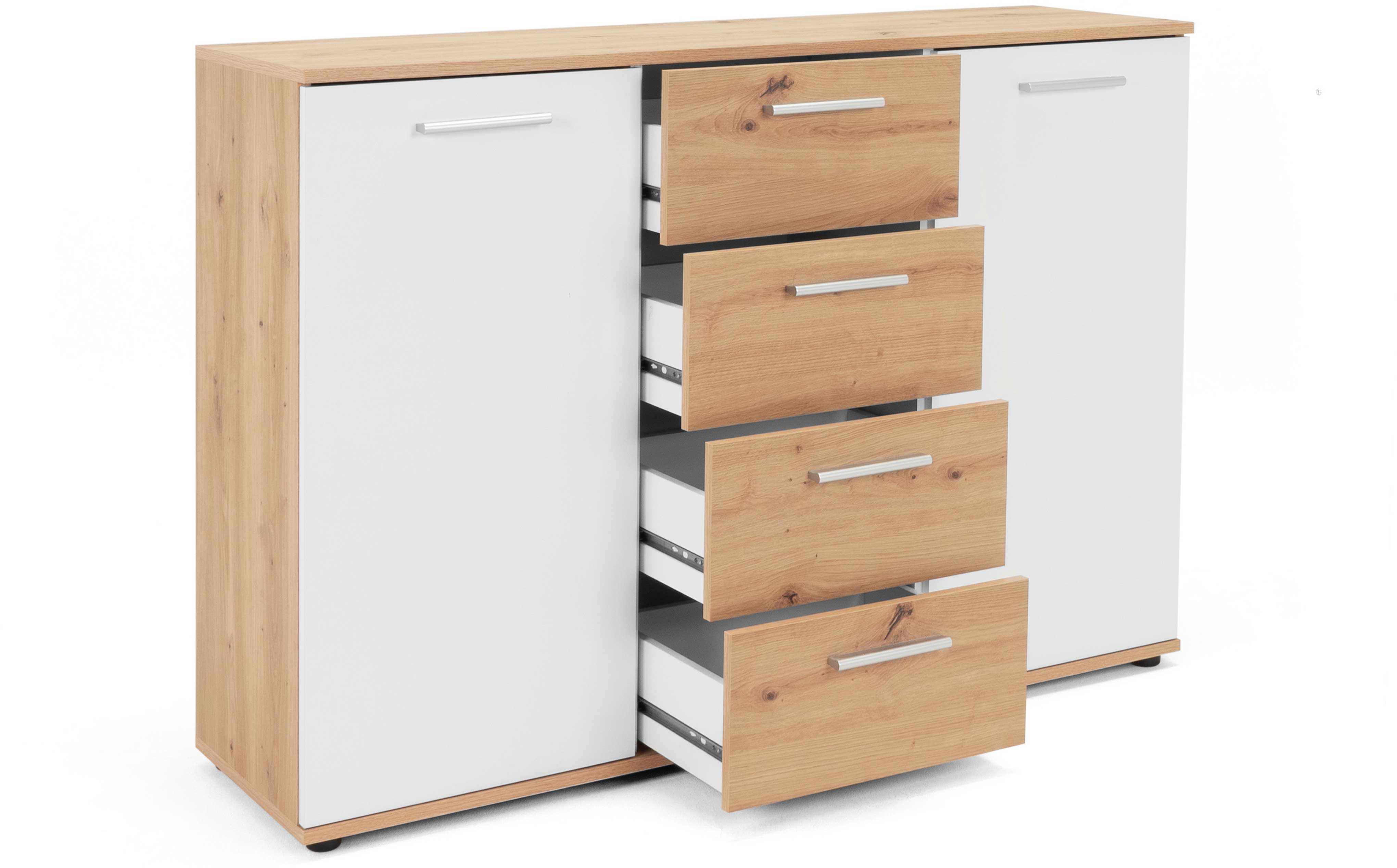 Commode Jakob 120cm, 2 portes & 4 tiroirs - décor en chêne/blanc - Image 9