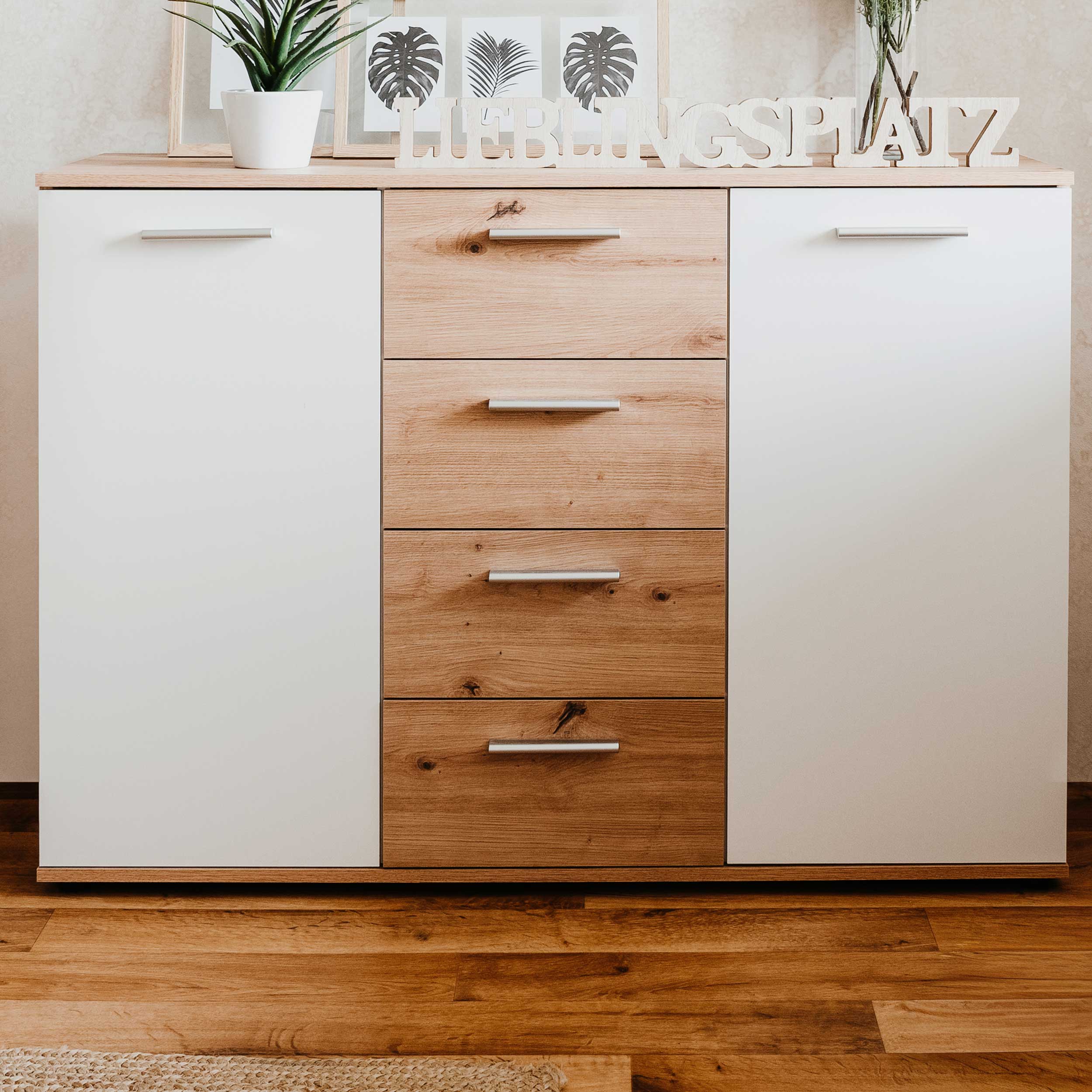 Commode Jakob 120cm, 2 portes & 4 tiroirs - décor en chêne/blanc