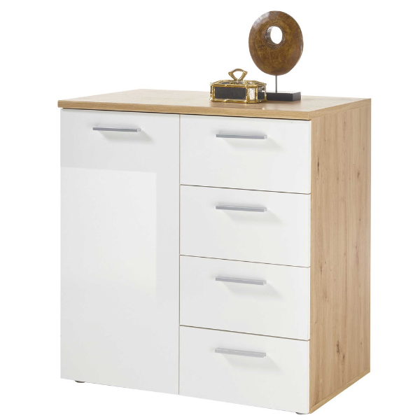 Commode Lobi 1 porte 4 tiroirs - blanc brillant/bois