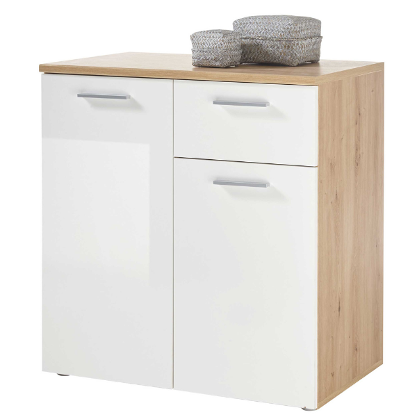 Commode Lobi 2 portes 1 tiroir - blanc brillant/bois