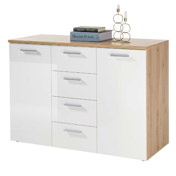 Commode Lobi 2 portes 4 tiroirs - blanc brillant/bois