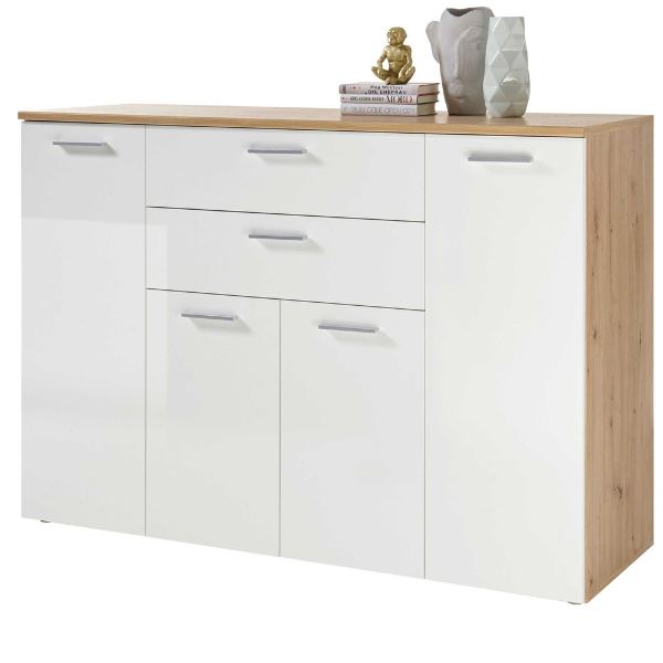 Commode Lobi 4 portes 2 tiroirs - blanc brillant/bois
