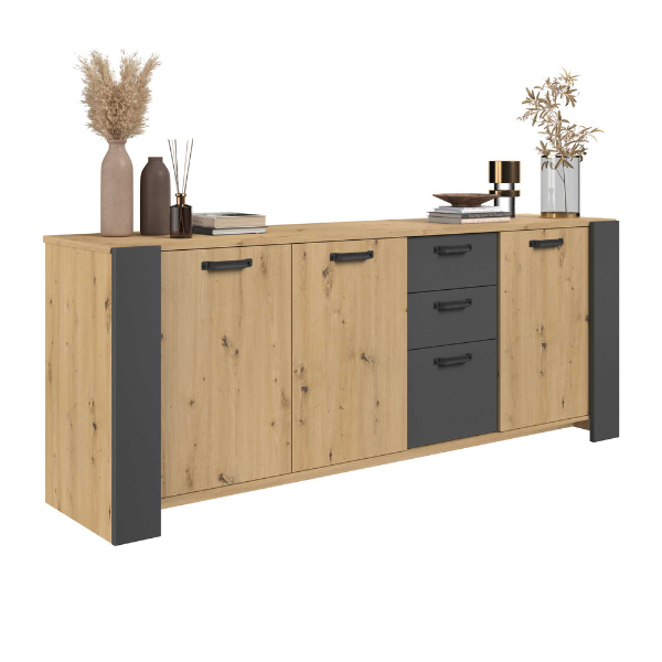 Commode Londen-220cm-3 portes tournantes, 3 tiroirs, 2 étagères-chêne/gris ombre - Image 5