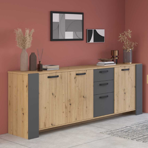 Commode Londen-220cm-3 portes tournantes, 3 tiroirs, 2 étagères-chêne/gris ombre - Image 1