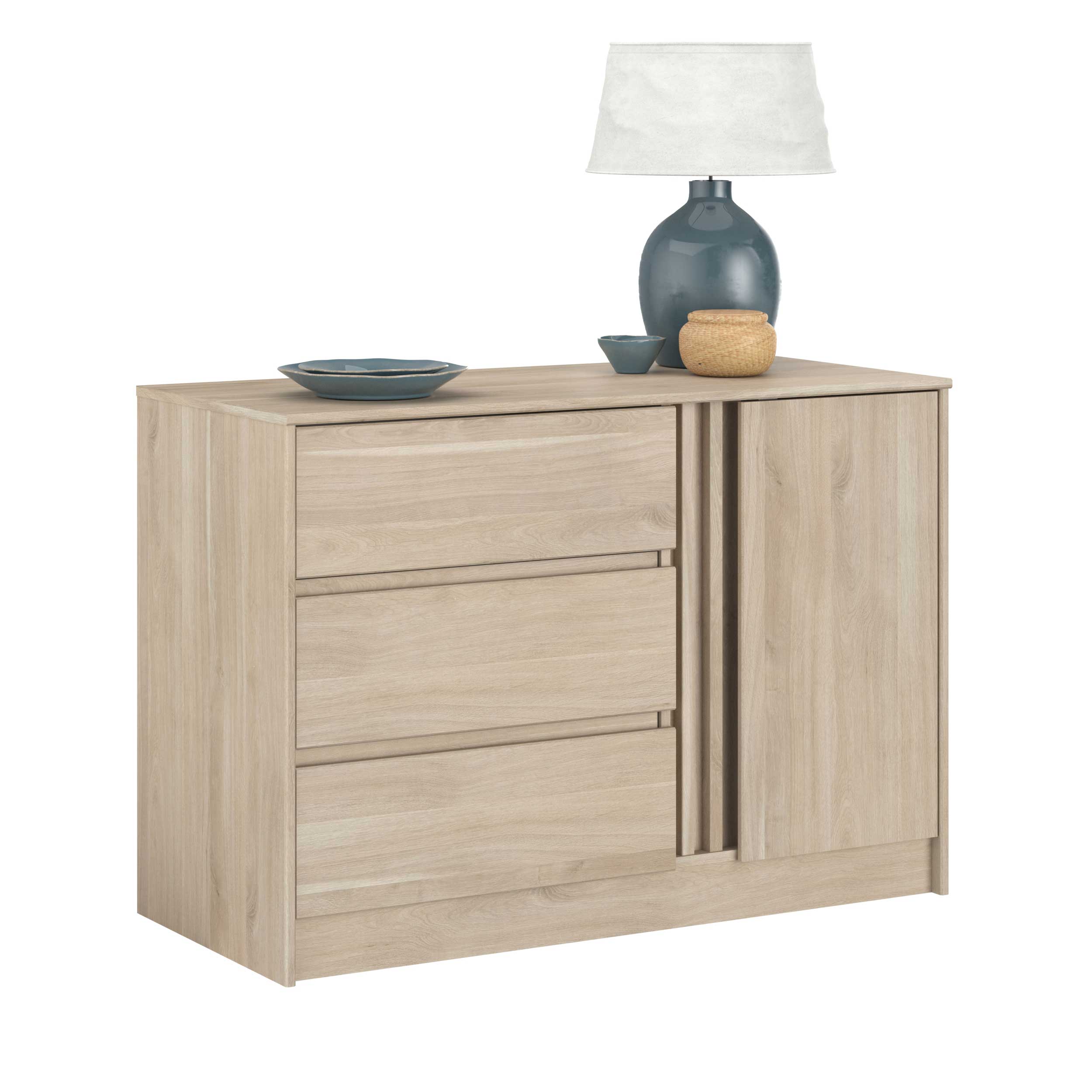 Commode Tokio 77cm-3 tiroirs, 1 porte tournante, 1 étagère-décor chêne - Image 5
