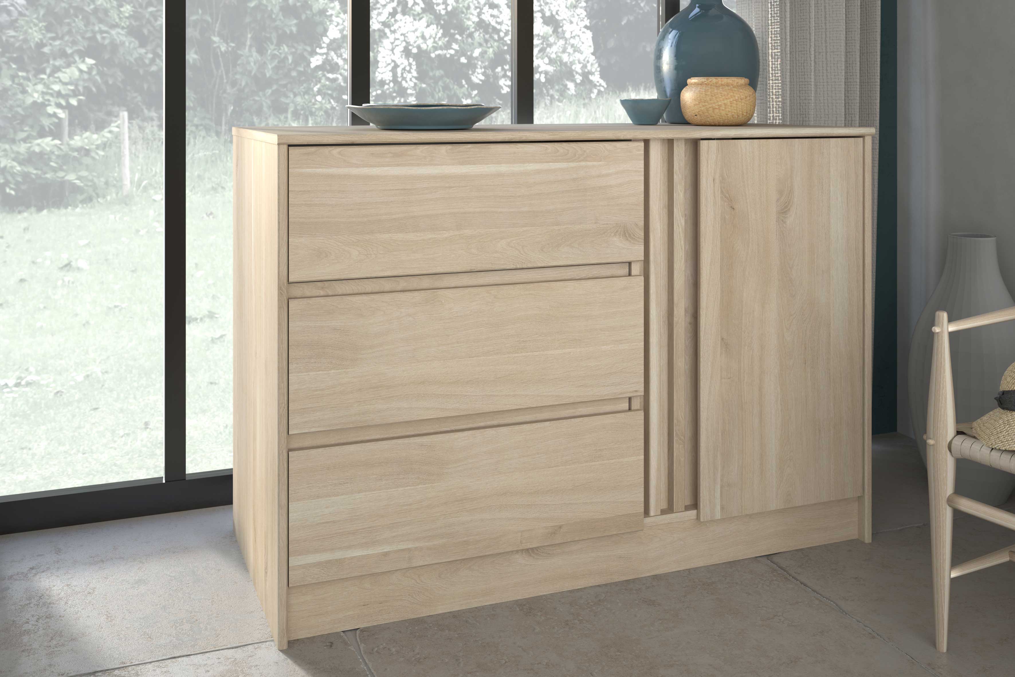 Commode Tokio 77cm-3 tiroirs, 1 porte tournante, 1 étagère-décor chêne - Image 9