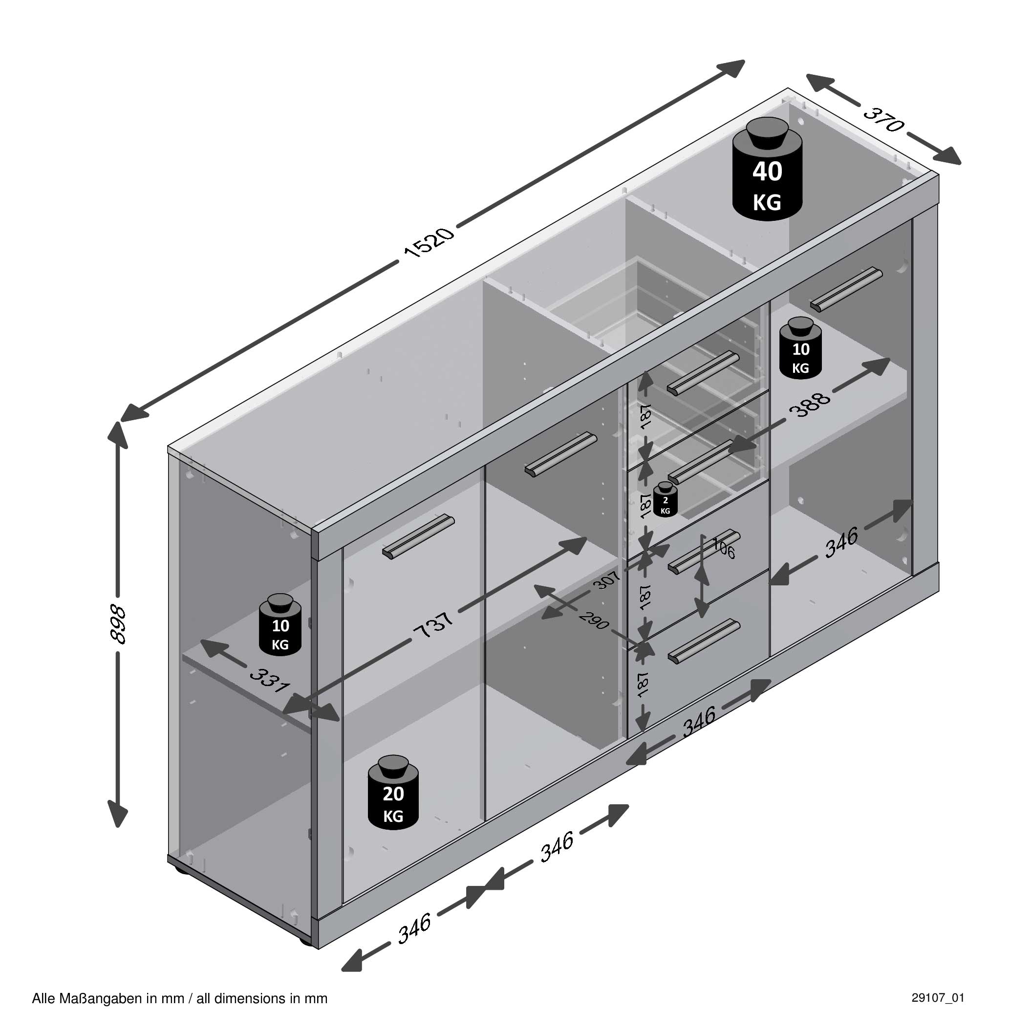 Commode Turbo 3 portes & 4 tiroirs - chêne vieilli/blanc brillant - Image 4