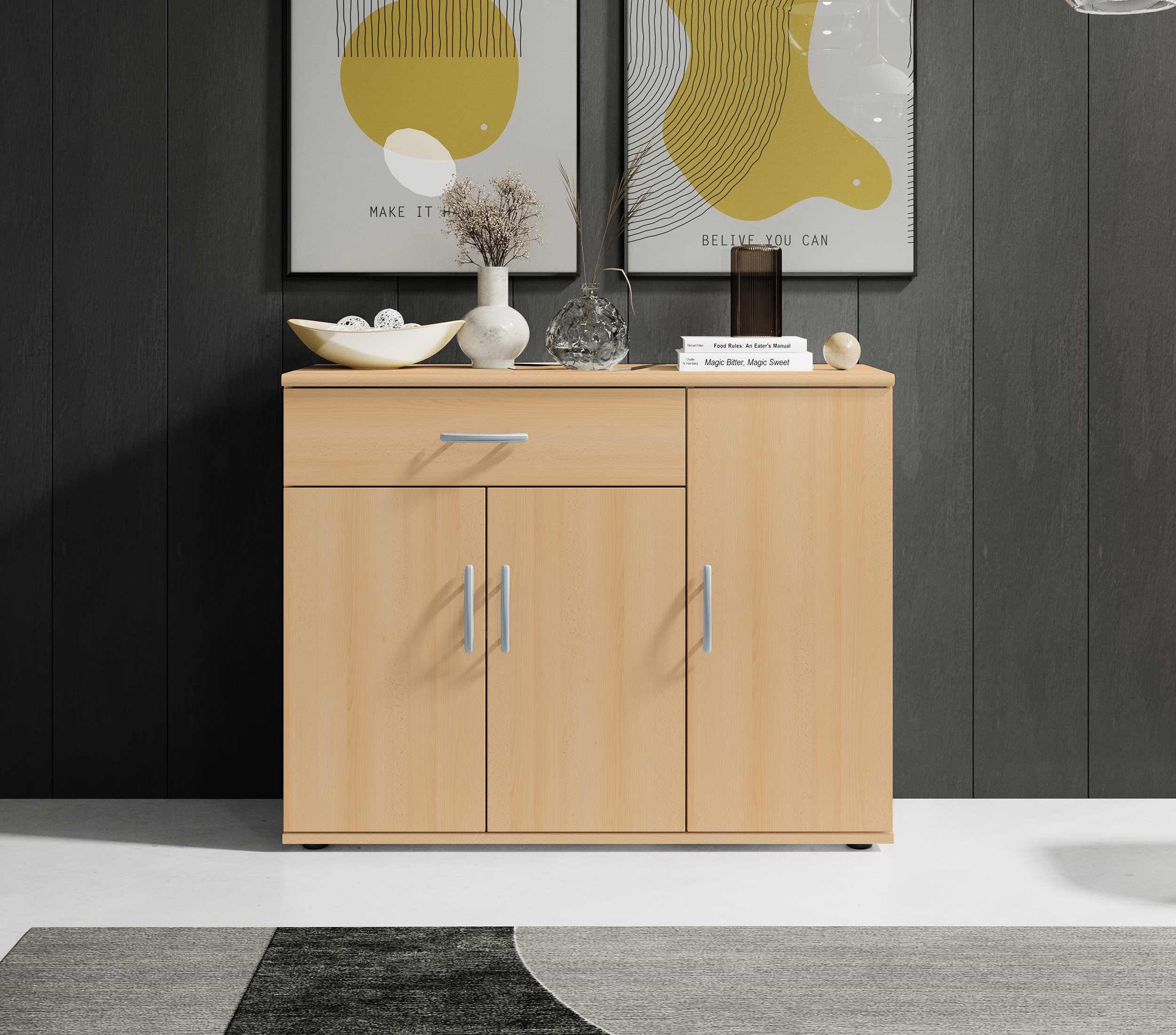 Commode Viviane 90cm avec 3 portes & 1 tiroir - hêtre - Image 3