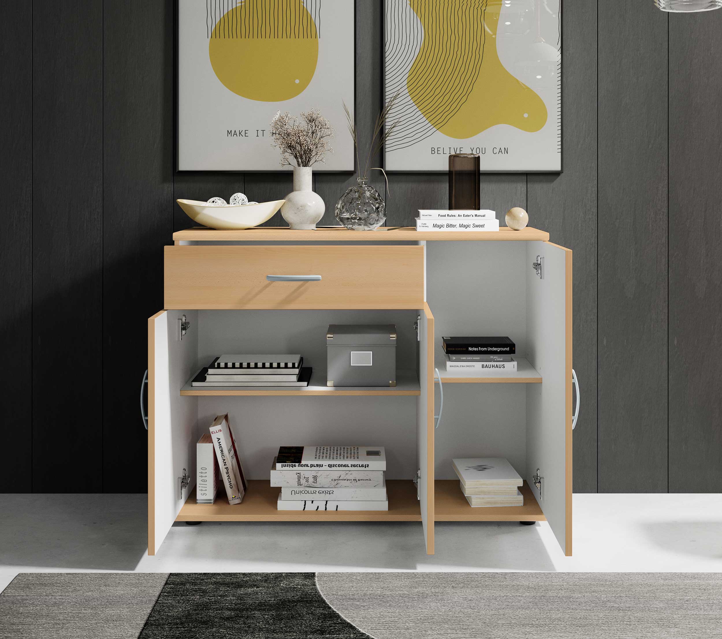 Commode Viviane 90cm avec 3 portes & 1 tiroir - hêtre - Image 4