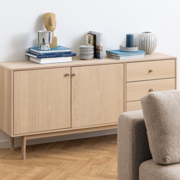 Crédence Aston 160x40 cm 2 portes et 3 tiroirs - chêne blanc - Image 3