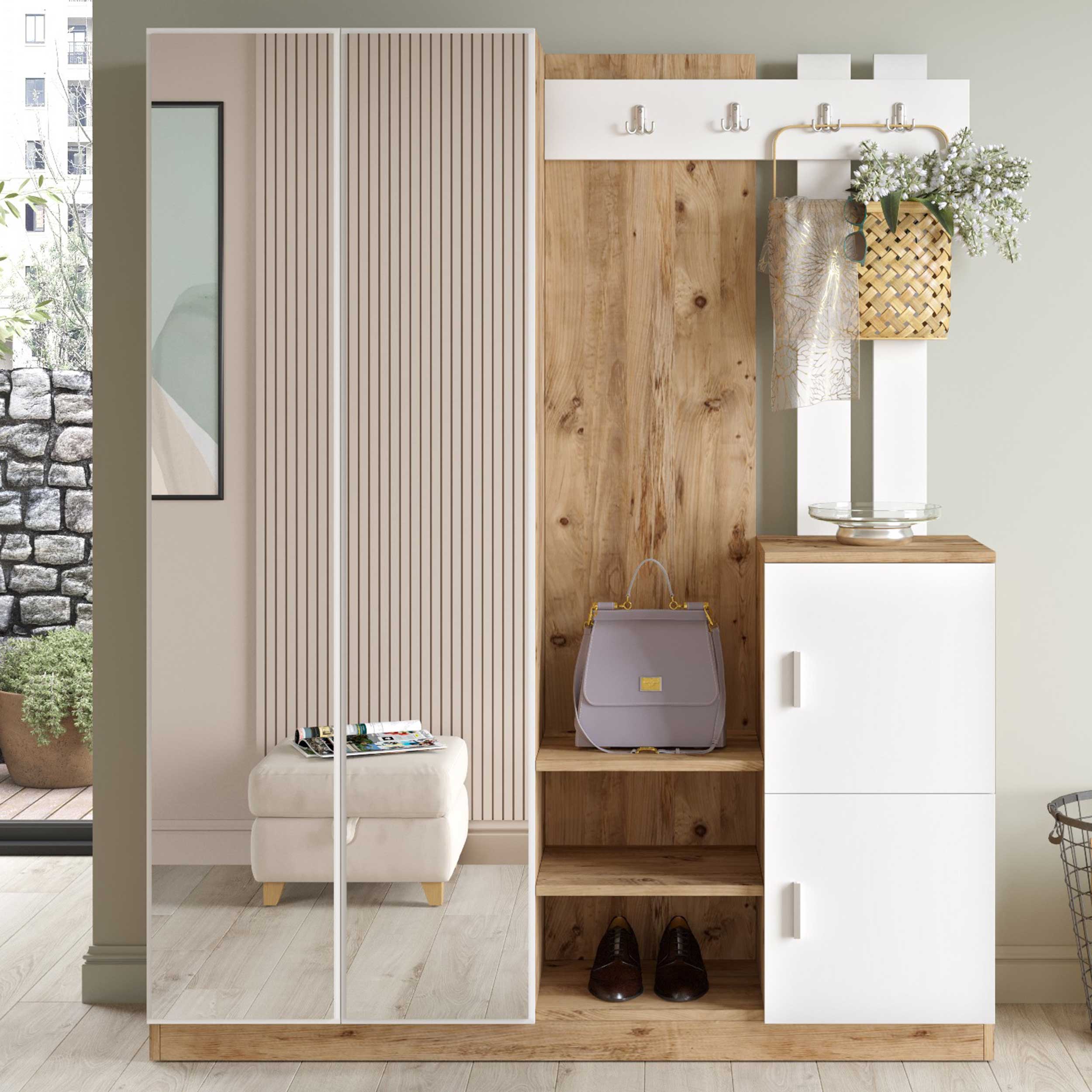 DD8 Meuble d'entrée | 100 % MÉLAMINE | Pin Atlantique, blanc