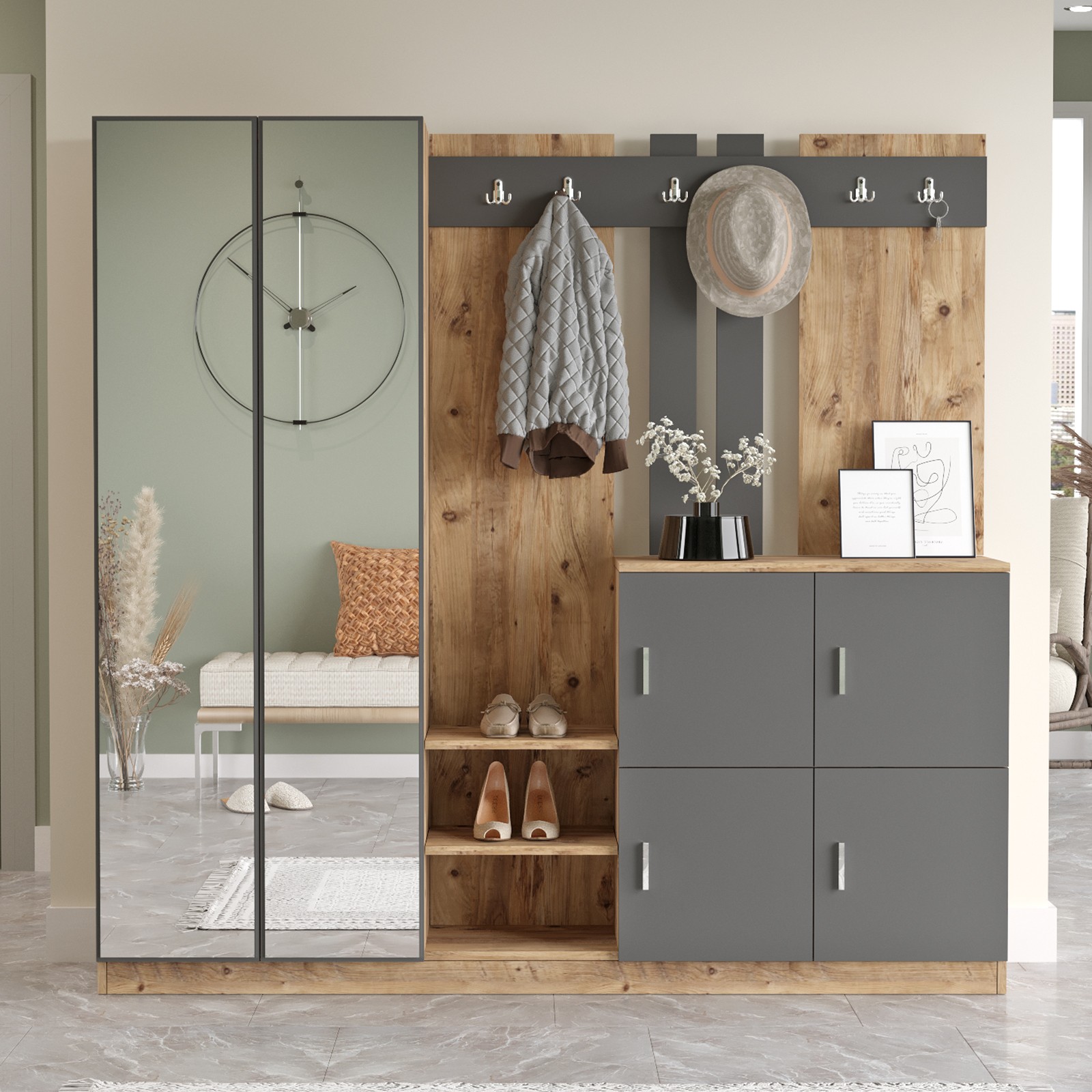 DD9 Meuble d'entrée | 100 % MÉLAMINE | Pin Atlantique, Anthracite