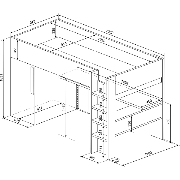 Dormeur haut Bo9 90x200 cm avec bureau et armoire - vieux rose - Image 2