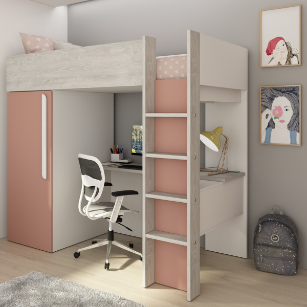Dormeur haut Bo9 90x200 cm avec bureau et armoire - vieux rose - Image 3