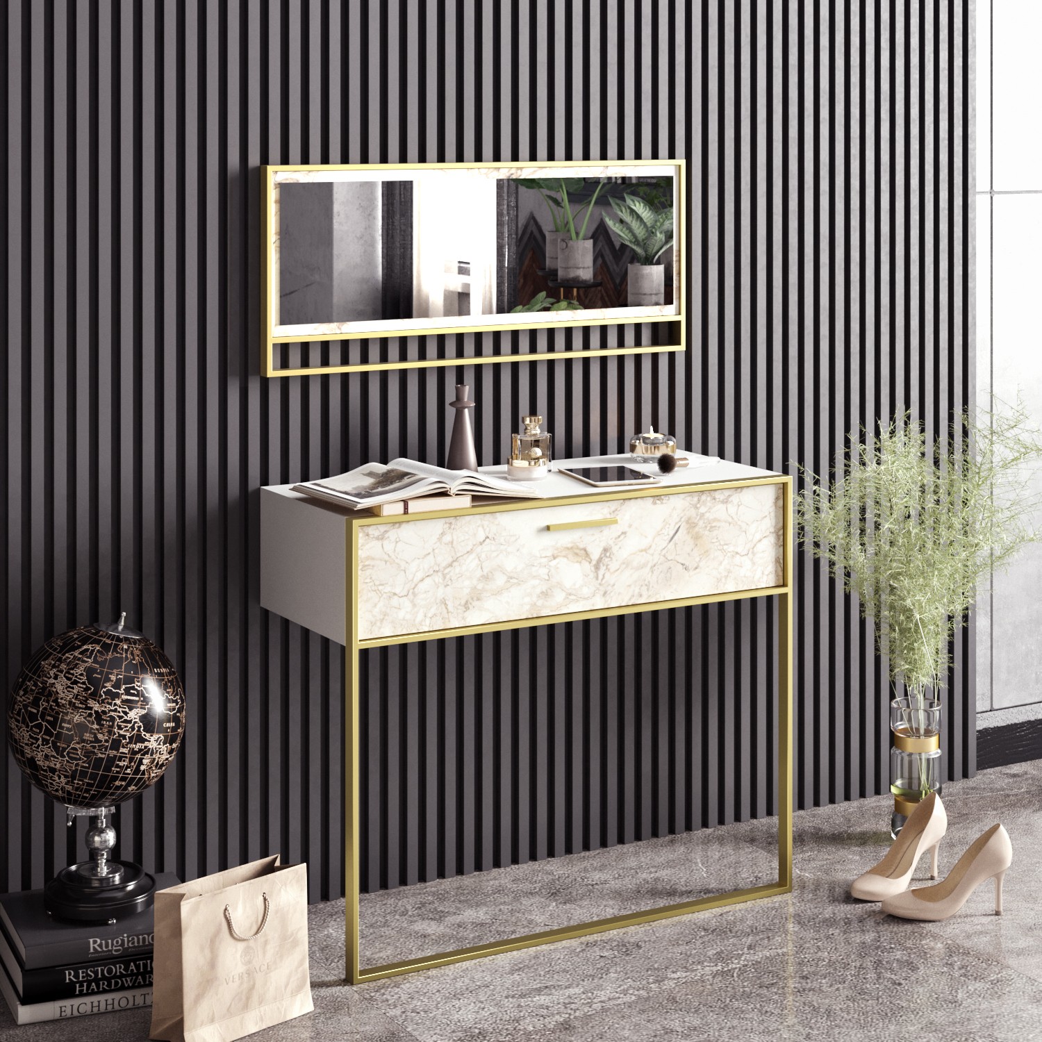 Elegant Cozy Sideboard | 100% Melamine | Metal Legs | Marble Pattern | Gold White - Image 3