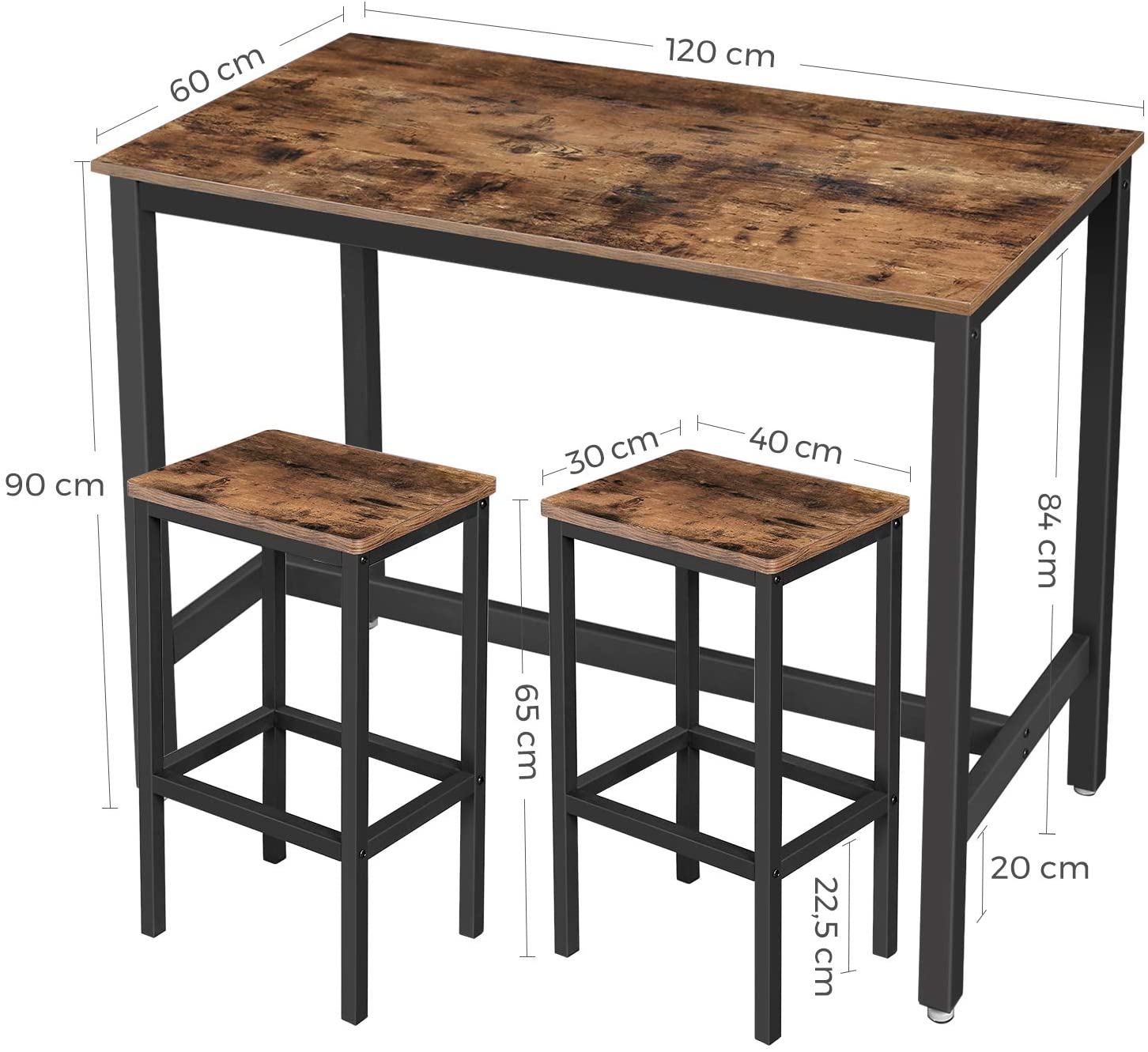 Ensembe table et 2 tabourets de bar Isolde 120x60 - brun/noir - Image 2