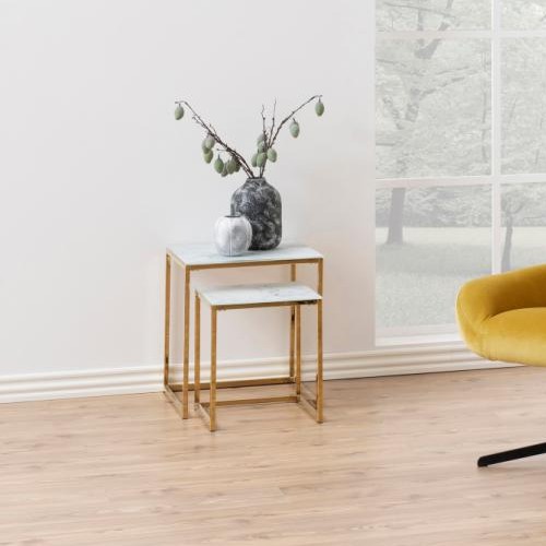 Ensemble de 2 tables d'appoint rondes Anika - marbre blanc/ doré - Image 1