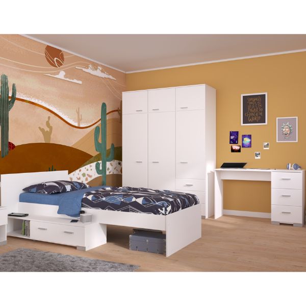 Ensemble de chambre d'enfant Galaxy | Lit simple, bureau, armoire | Blanc