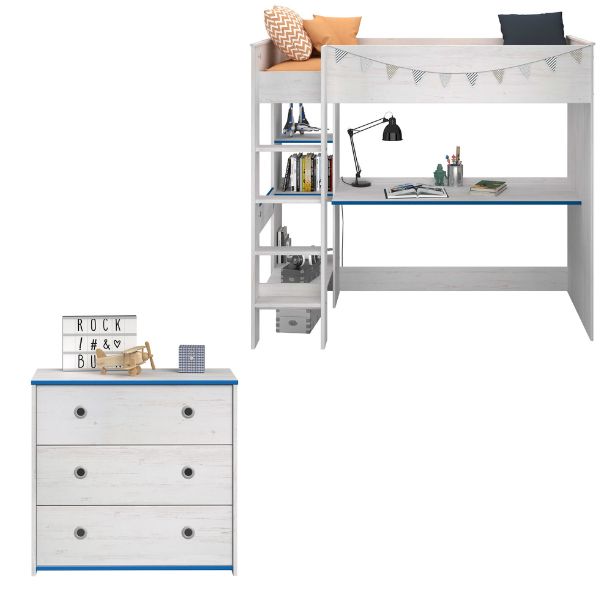 Ensemble de chambre d'enfant Smoozy | Dormeur en hauteur et commode | Blanc