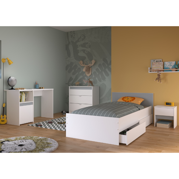 Ensemble de chambre Rue | Lit simple, table de chevet, table de nuit, commode, bureau