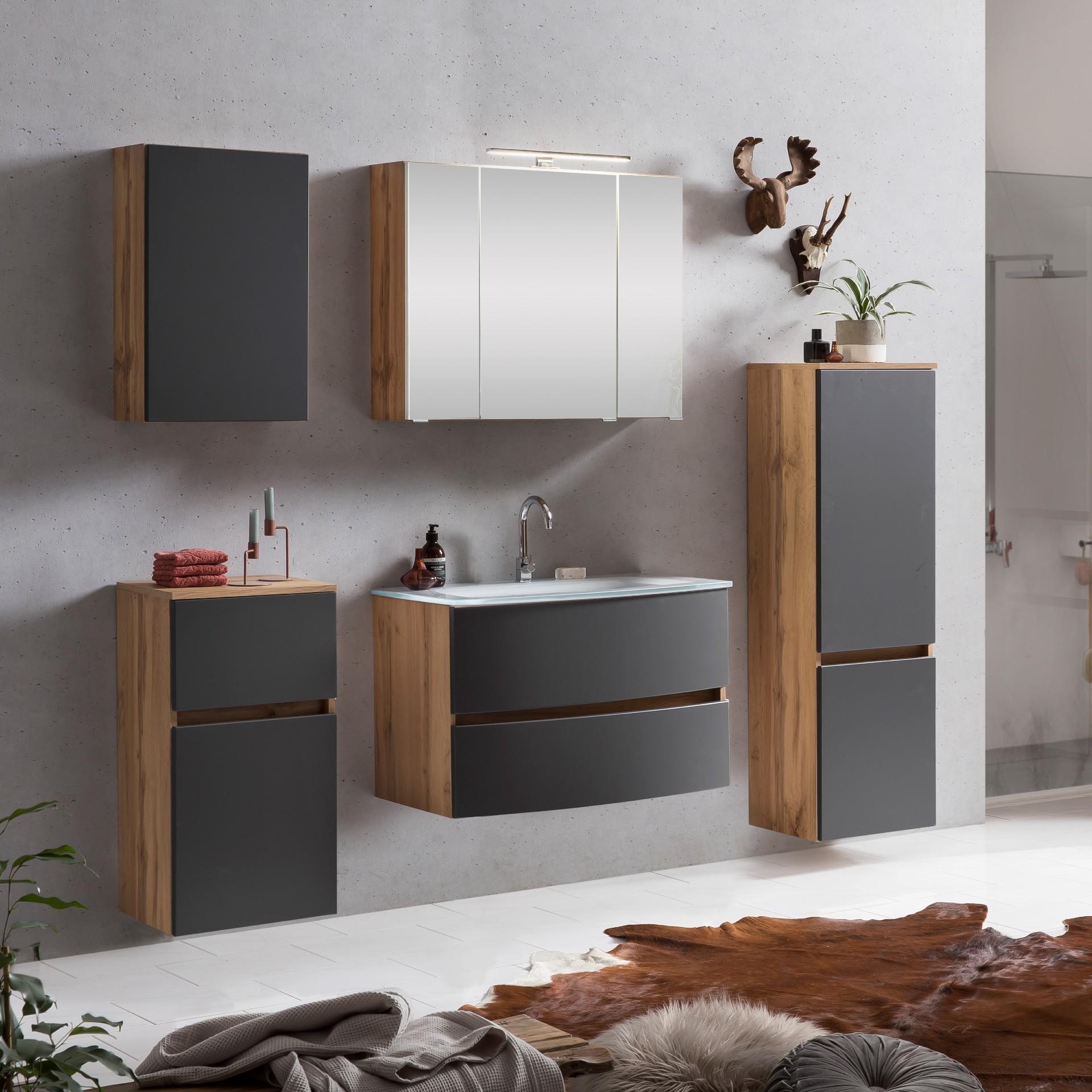 Ensemble de salle de bains Kornel 11 à 5 pièces avec vasque blanche - chêne/gris mat - Image 1