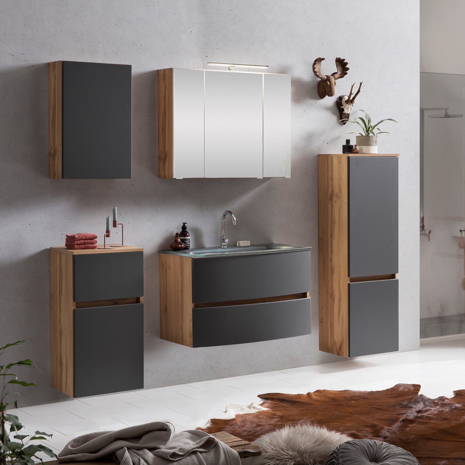 Ensemble de salle de bains Kornel 12 à 5 pièces avec vasque blanche - chêne/gris mat