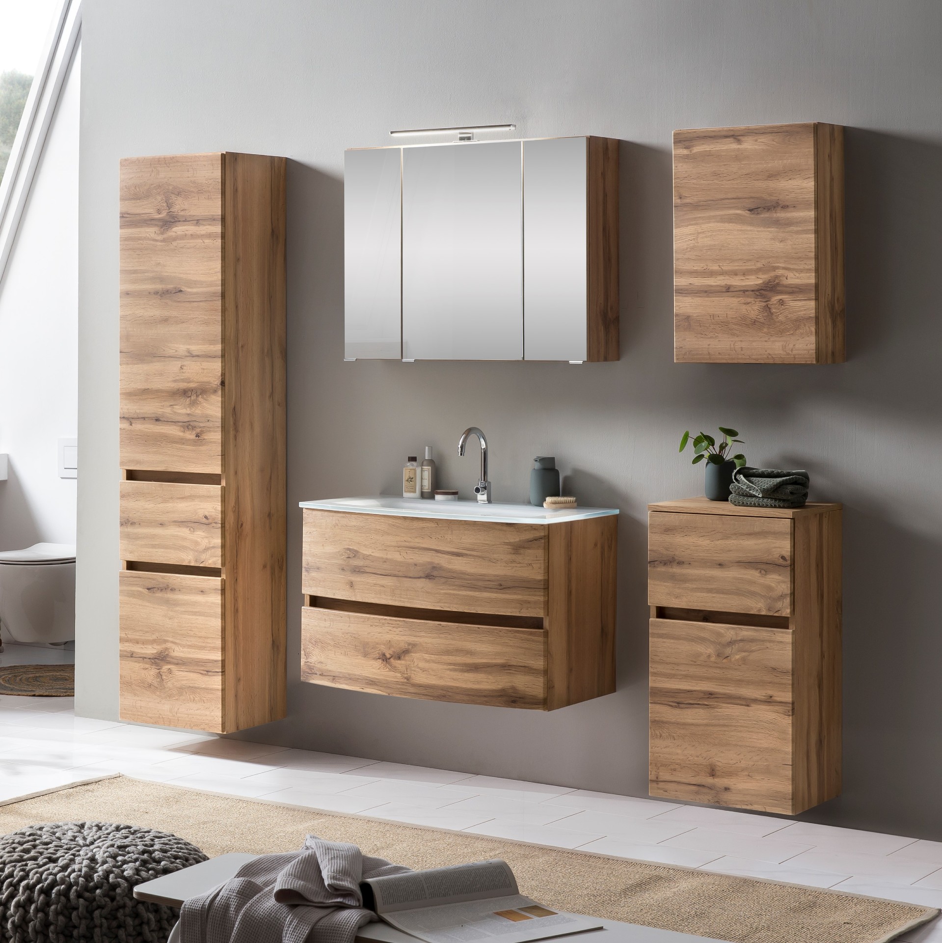 Ensemble de salle de bains Kornel 13 à 5 pièces avec vasque blanche - chêne