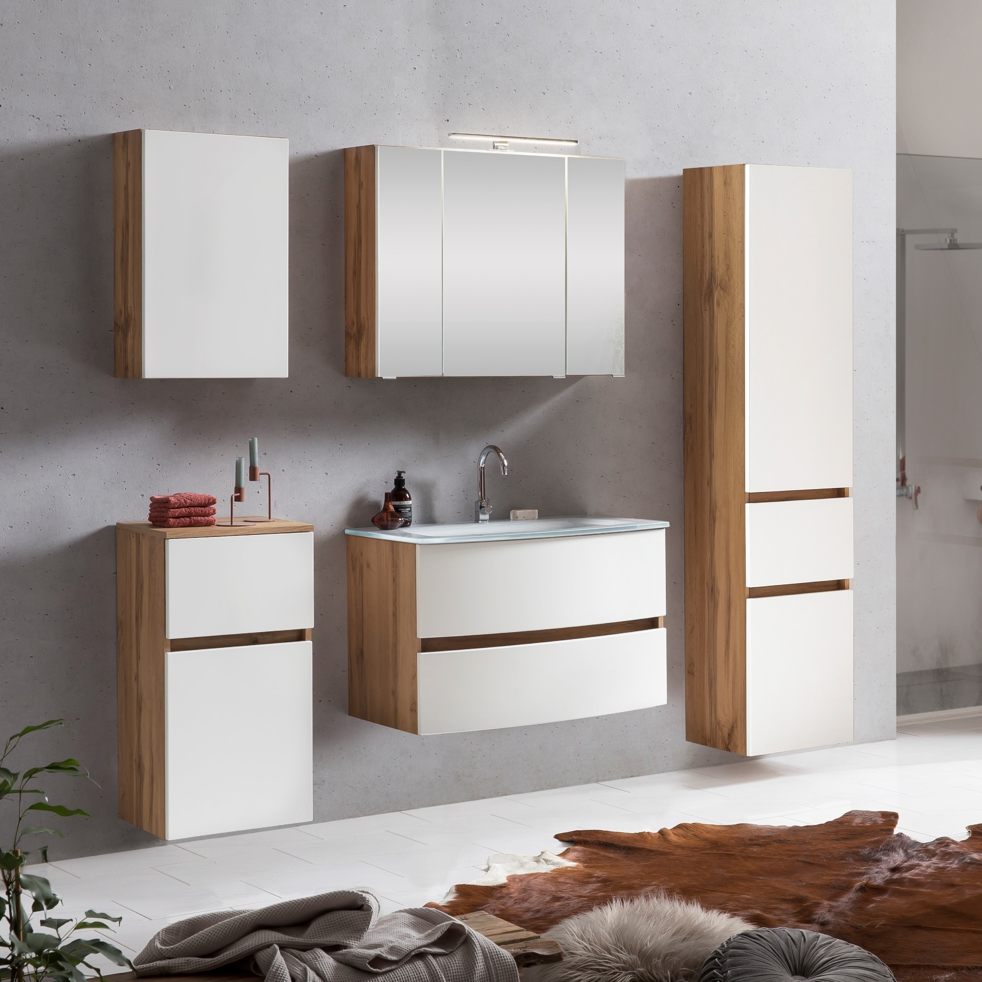 Ensemble de salle de bains Kornel 13 à 5 pièces avec vasque blanche - chêne/blanc mat