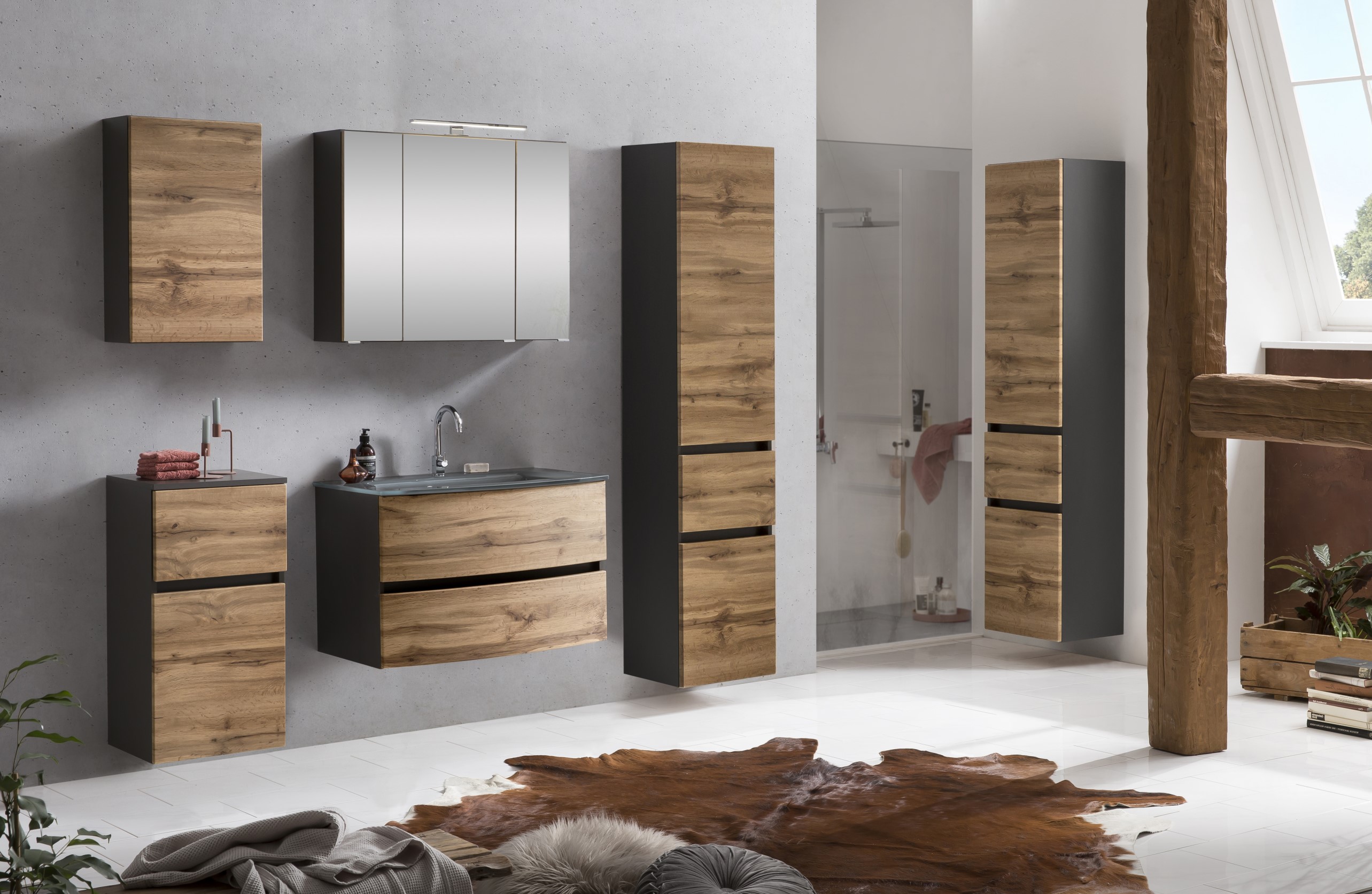 Ensemble de salle de bains Kornel 14 à 5 pièces avec vasque grise - gris graphite/chêne - Image 2