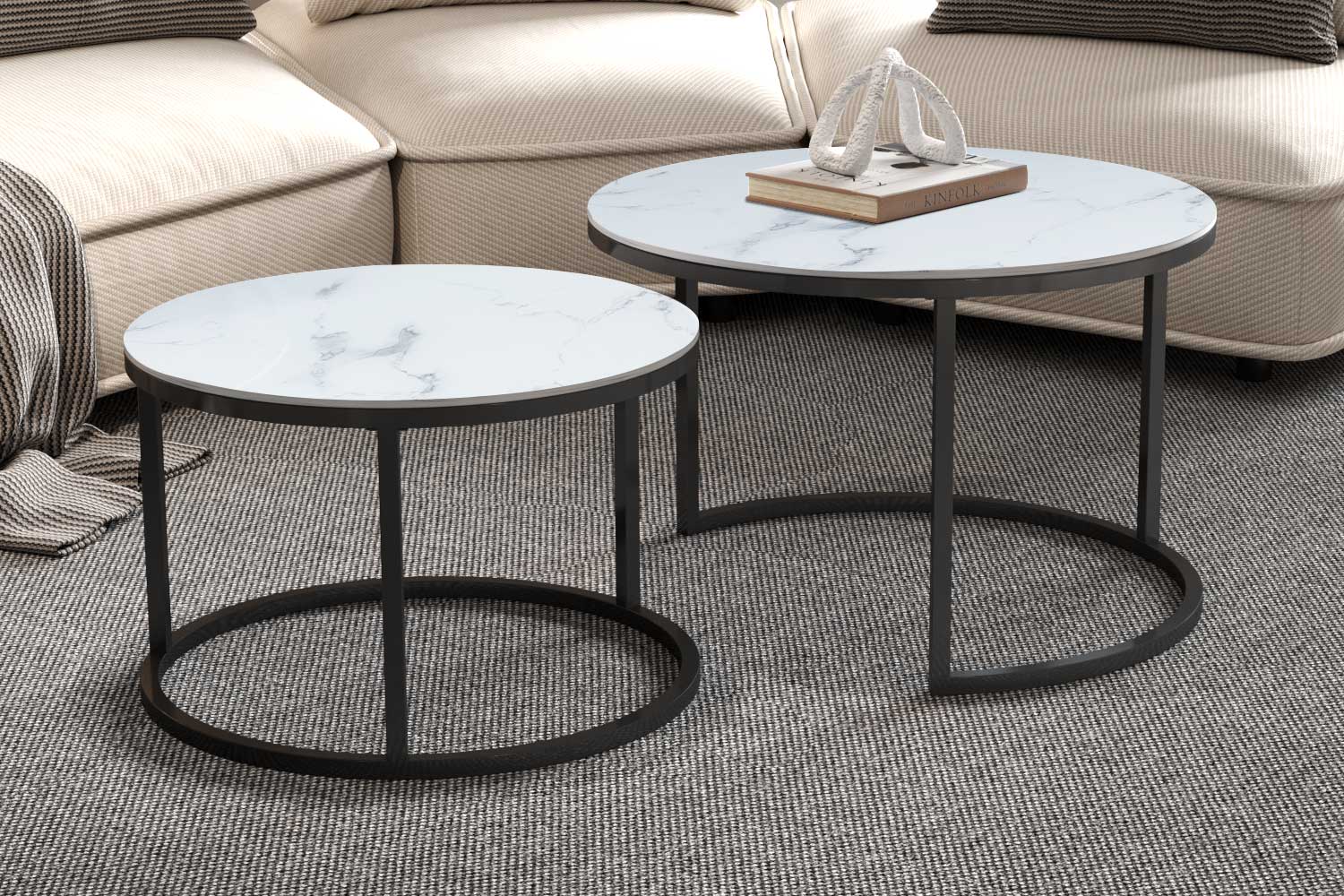 Ensemble de tables basses Boston Ø80 et Ø60cm - marbre blanc - Image 5