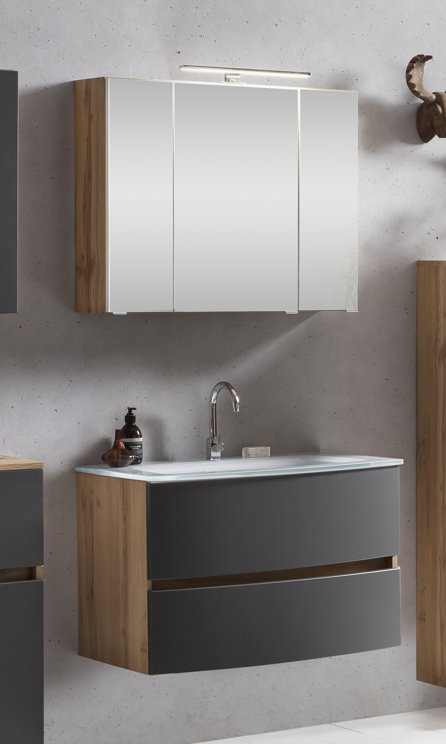 Ensemble salle de bains Kornel 1 à 2 pièces avec vasque blanche - chêne/gris