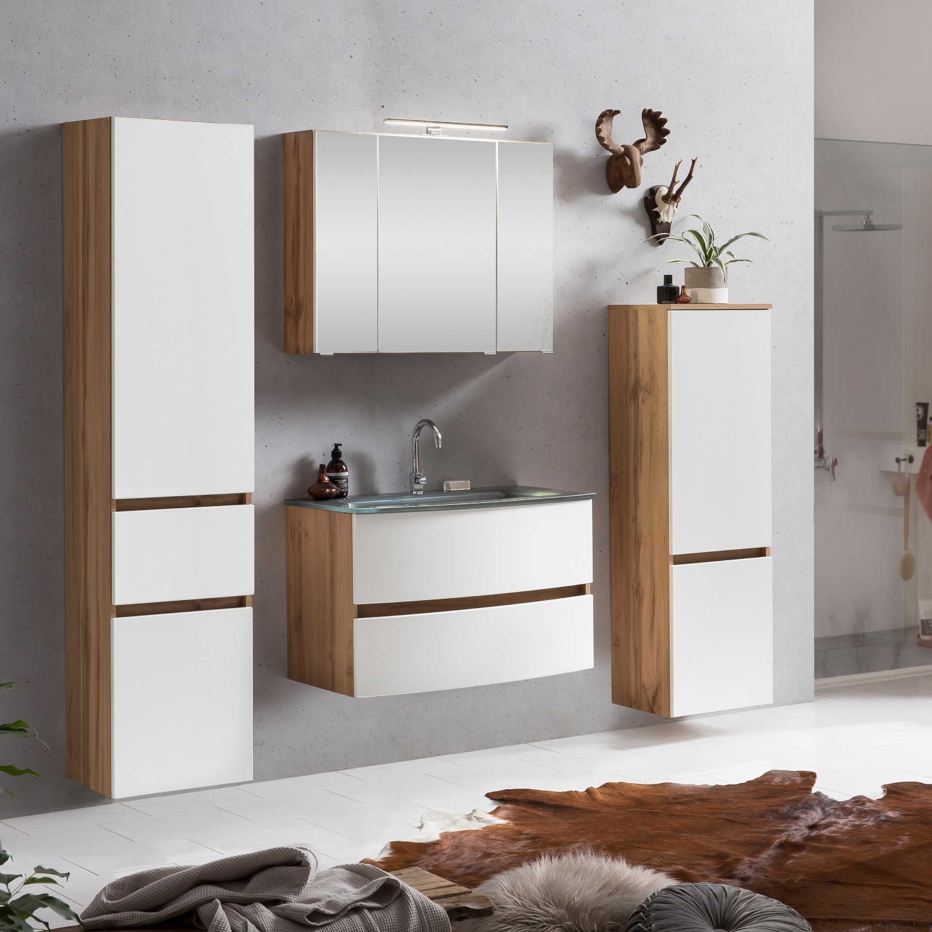 Ensemble salle de bains Kornel 10 à 4 pièces avec vasque grise - chêne/blanc mat - Image 1