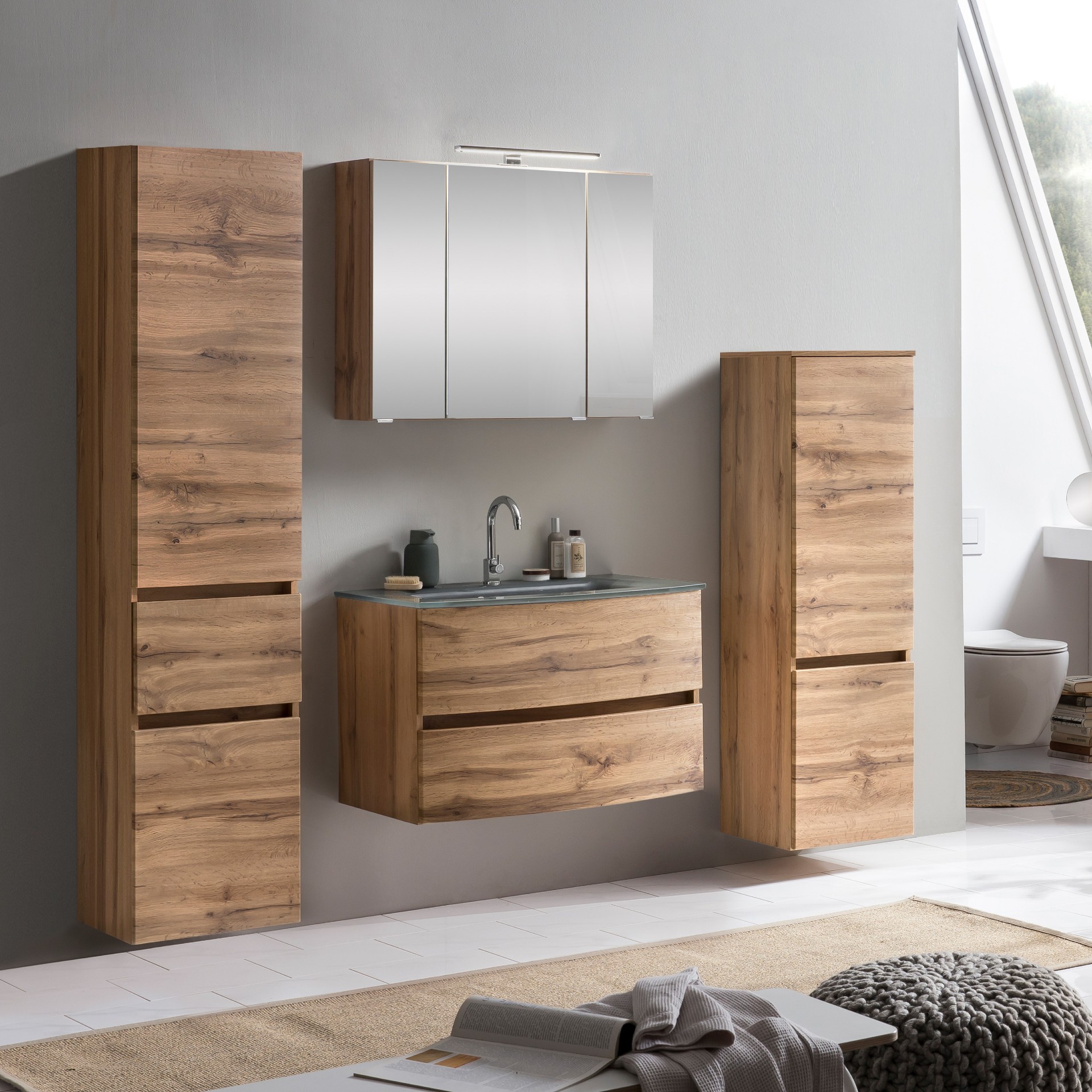 Ensemble salle de bains Kornel 10 à 4 pièces avec vasque grise - chêne