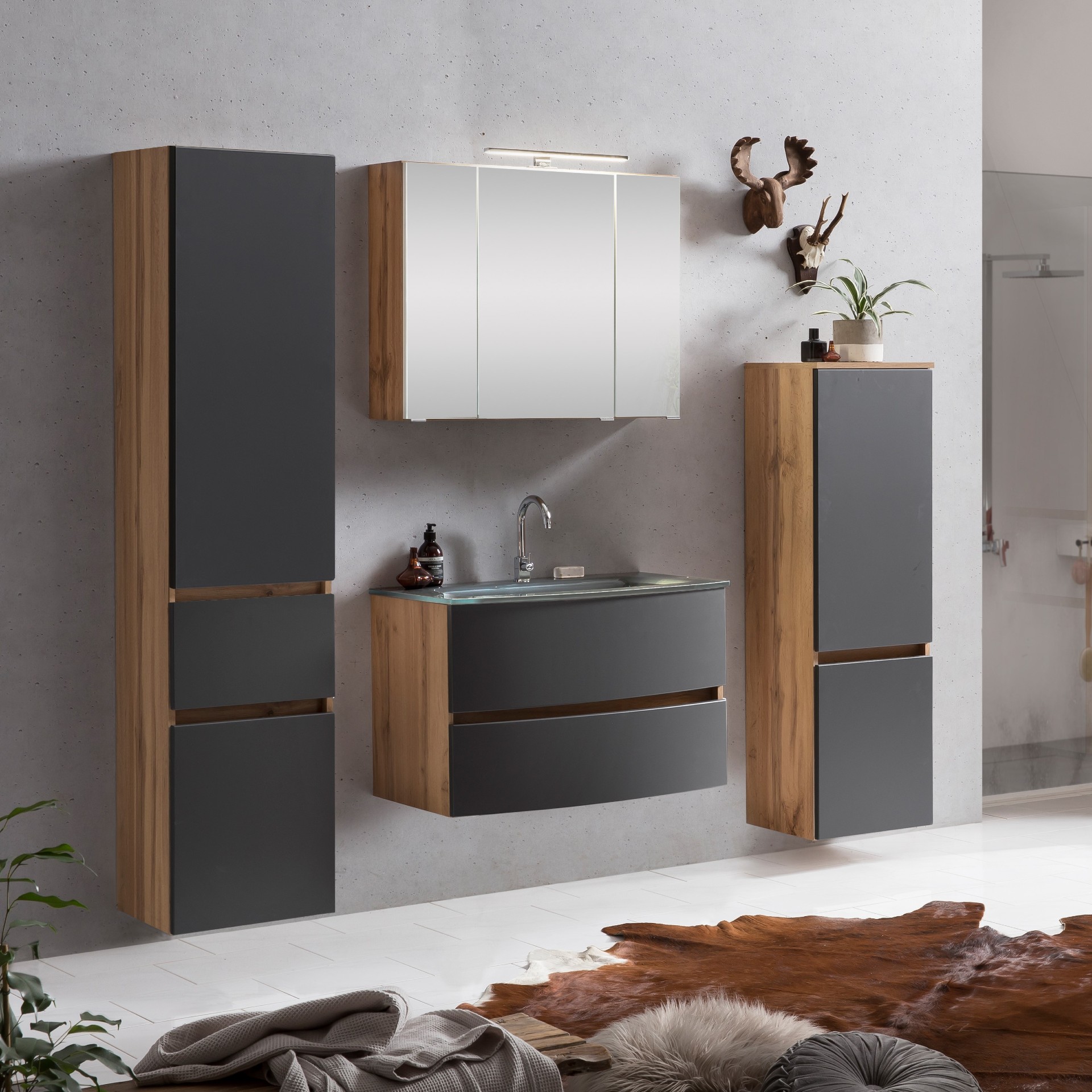 Ensemble salle de bains Kornel 10 à 4 pièces avec vasque grise - chêne/gris mat