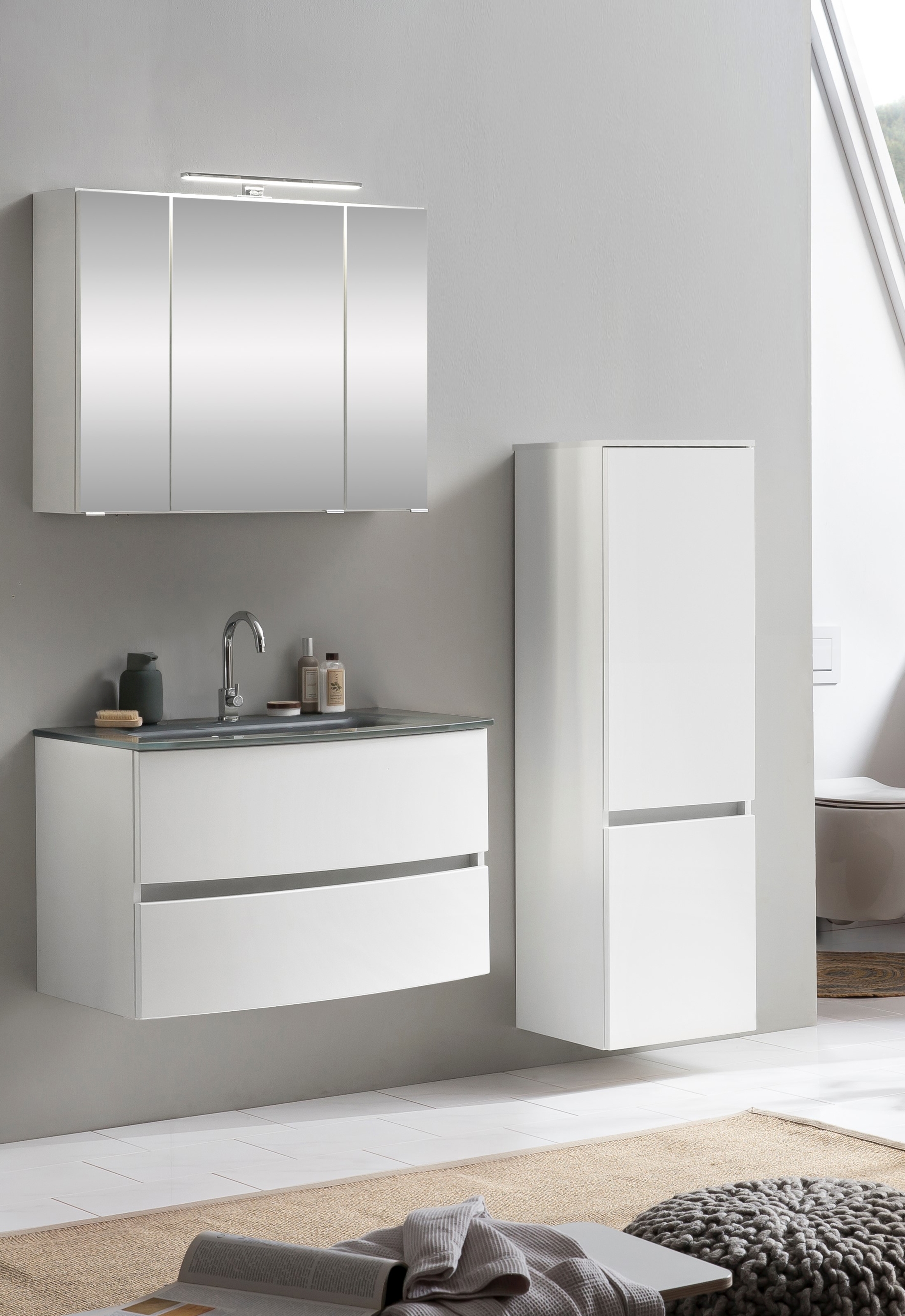 Ensemble salle de bains Kornel 4 à 3 pièces avec vasque grise - blanc