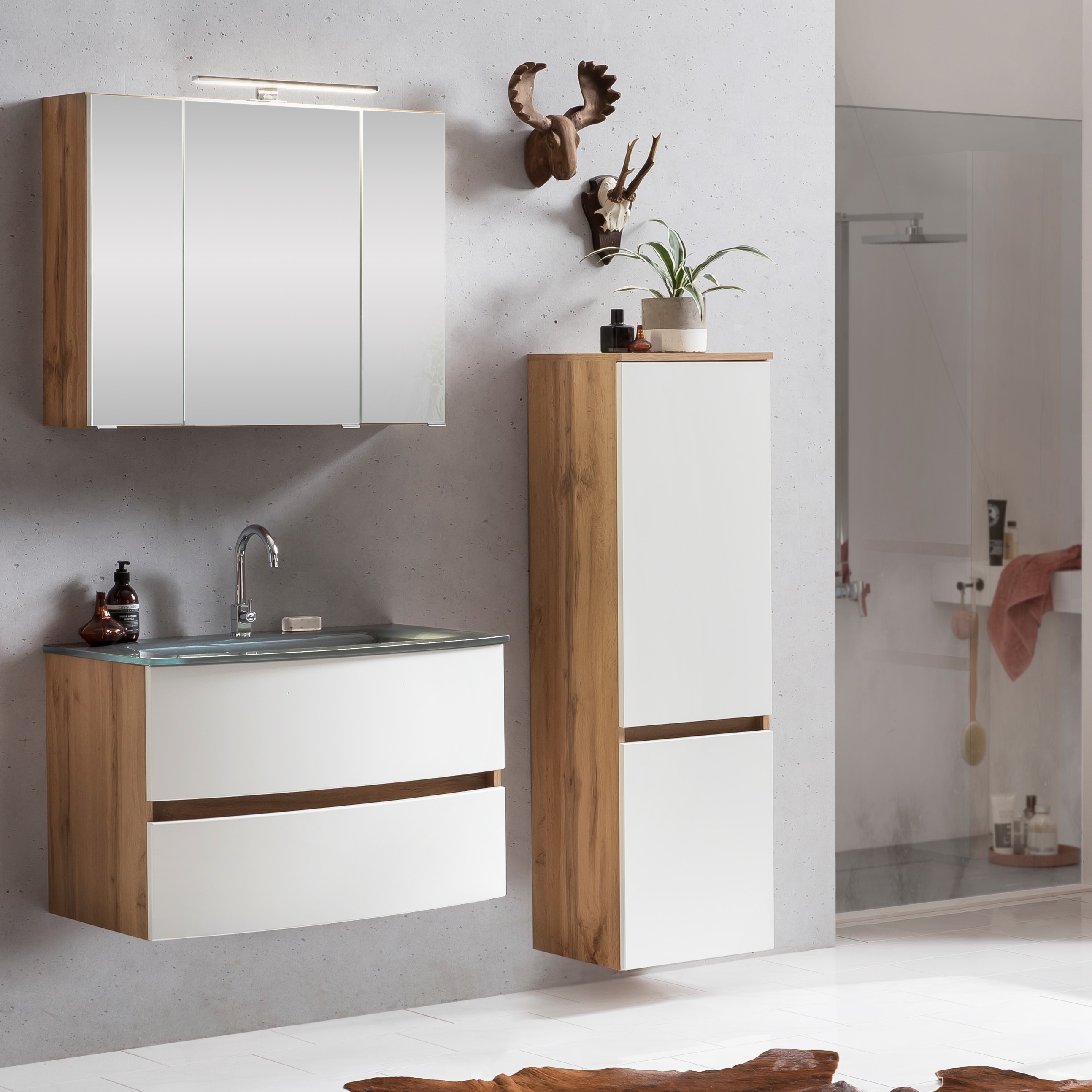 Ensemble salle de bains Kornel 4 à 3 pièces avec vasque grise - chêne/blanc mat - Image 1